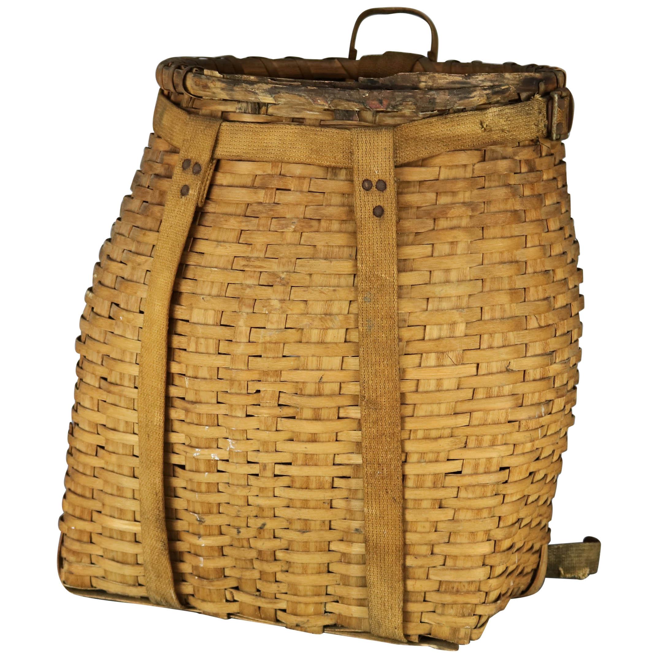 Antique Adirondack Reed and Woven Ash Pack Basket, circa 1910