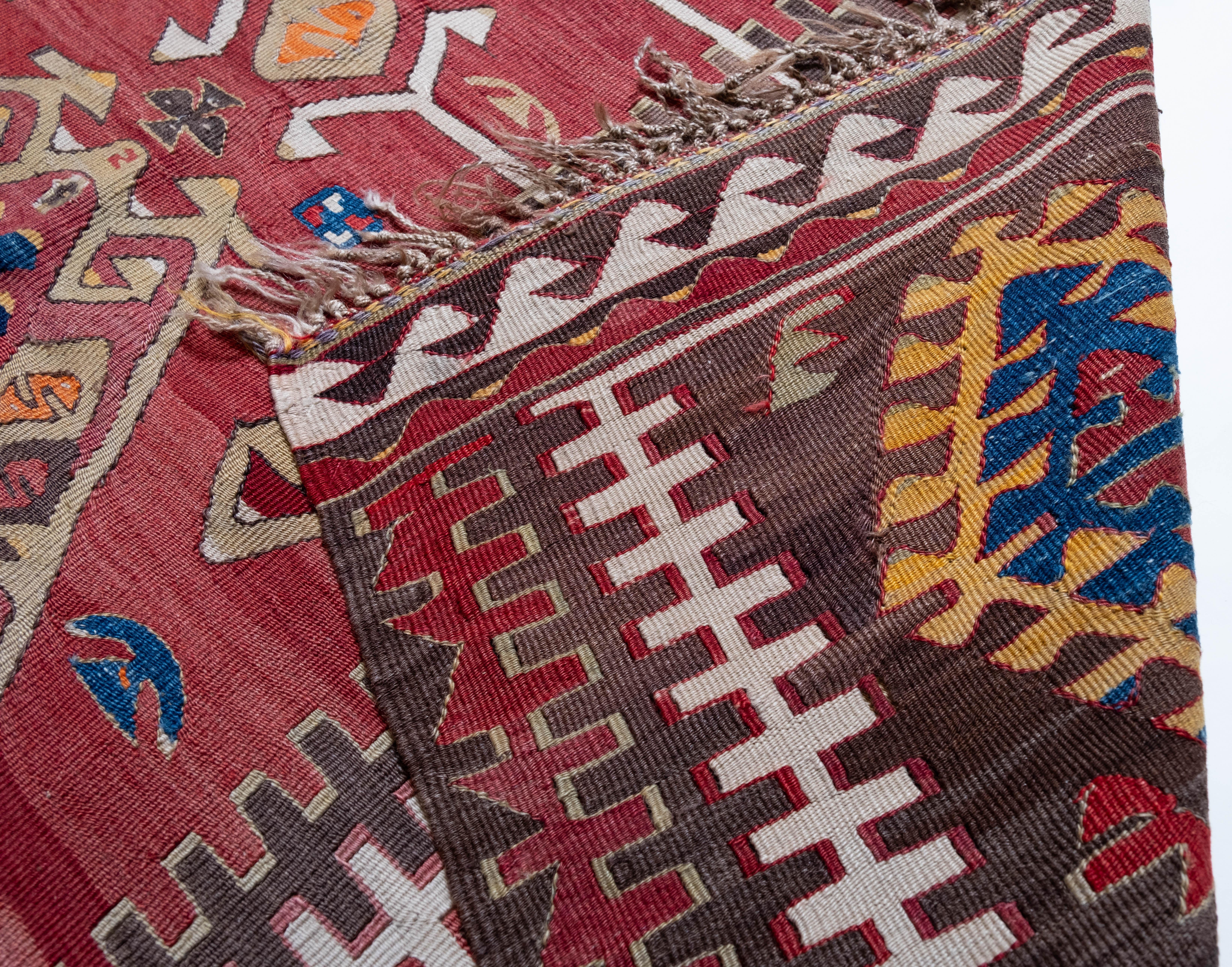 Antique Adiyaman Kilim Rug Wool Old Eastern Anatolian Turkish Carpet In Good Condition For Sale In Tokyo, JP