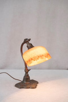 Antique Adjustable Desk Lamp, Decorated Glass Shade, Patinated Metal, ca. 1920