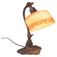Antique Adjustable Desk Lamp, Decorated Glass Shade, Patinated Metal, ca. 1920