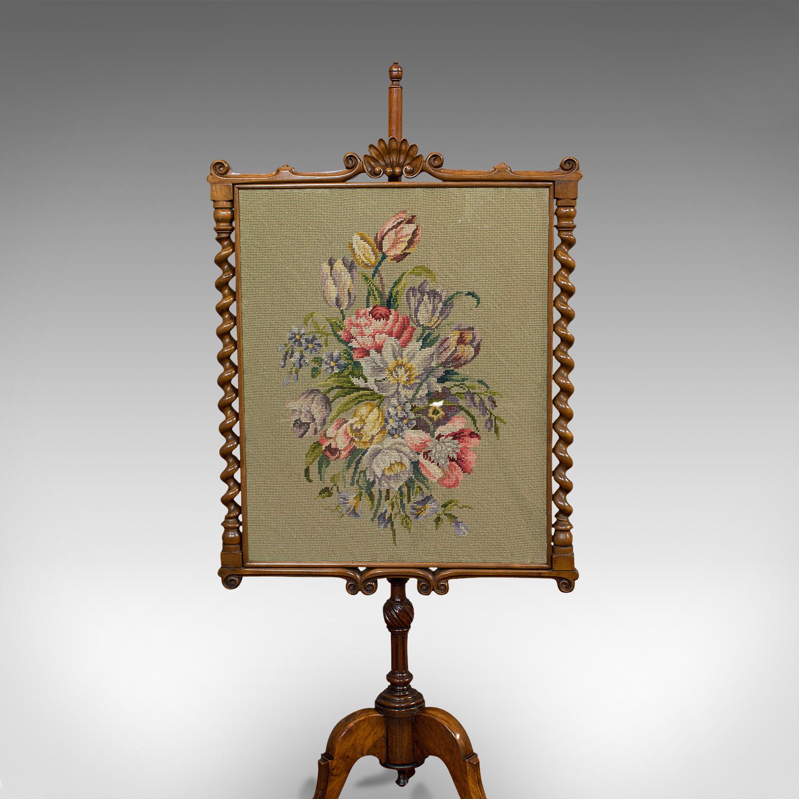 19th Century Antique Adjustable Fire Screen, Walnut, Needlepoint, Decorative, Pole, Regency