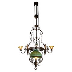 Antique Adjustable Height Chandelier with Original Glasswork and Brass Detailing