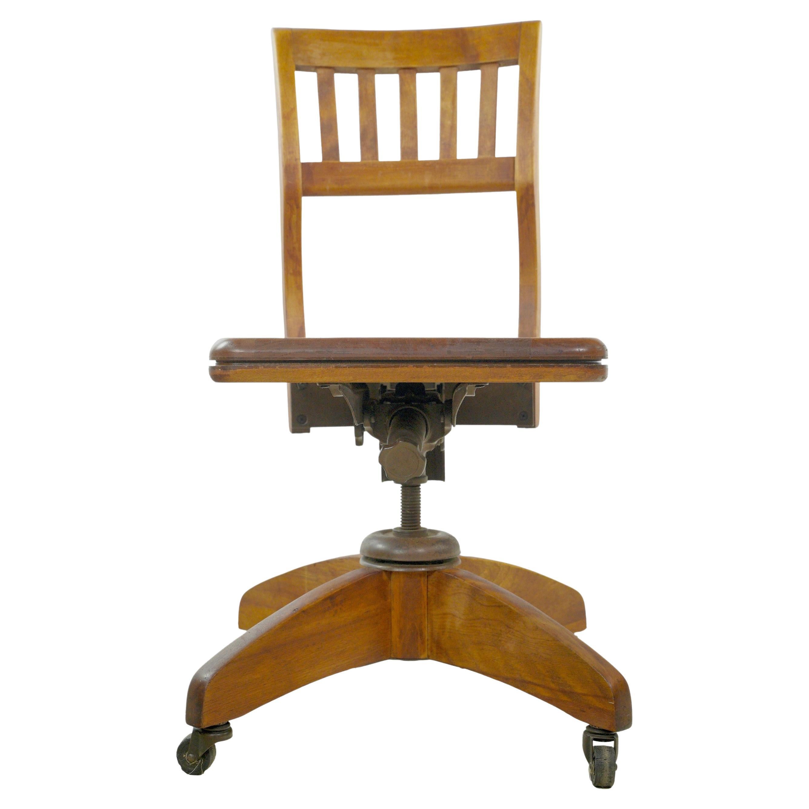 Antique Adjustable Height Wooden Desk Chair w Casters