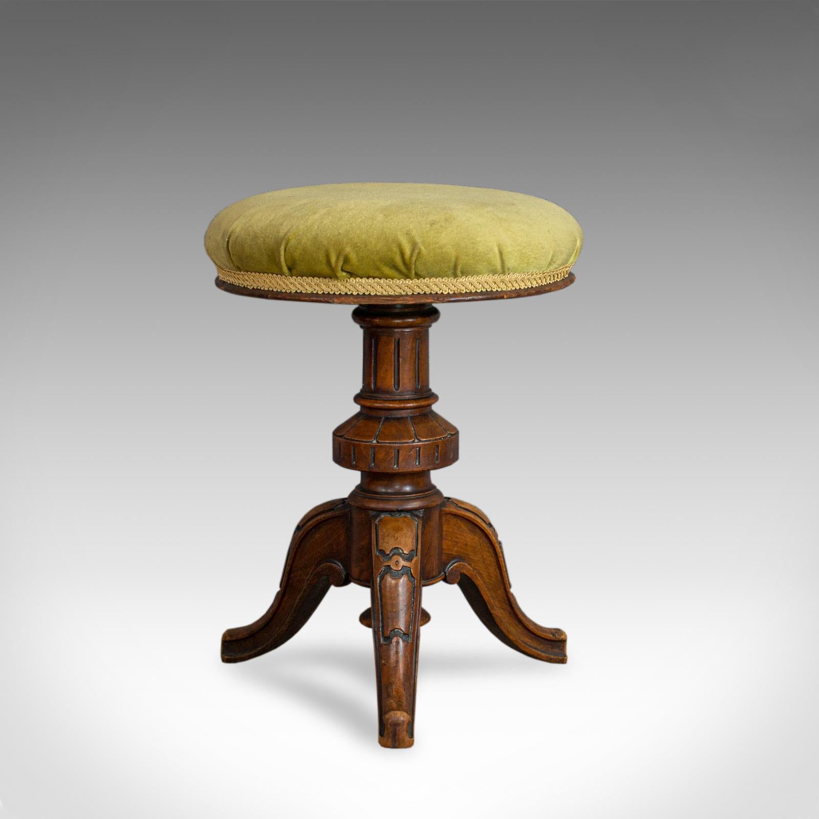 This is an antique adjustable piano stool. An English, Victorian walnut music seat dating to the late 19th century, circa 1870.

Select walnut displays a rich caramel hue with fine grain interest
Good consistent colour throughout and a desirable