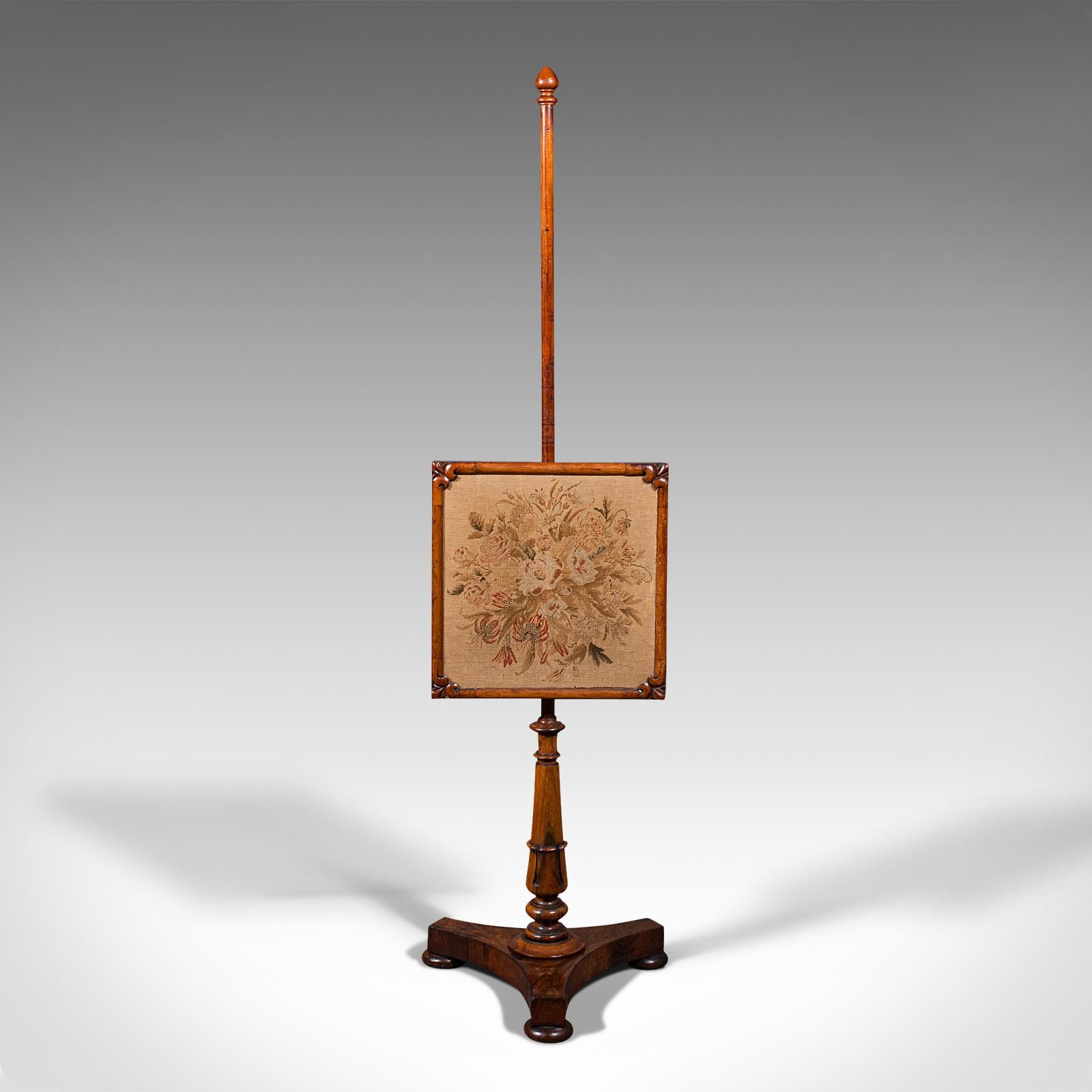 British Antique Adjustable Pole Screen, English, Fireside Panel, Tapestry, Regency, 1820