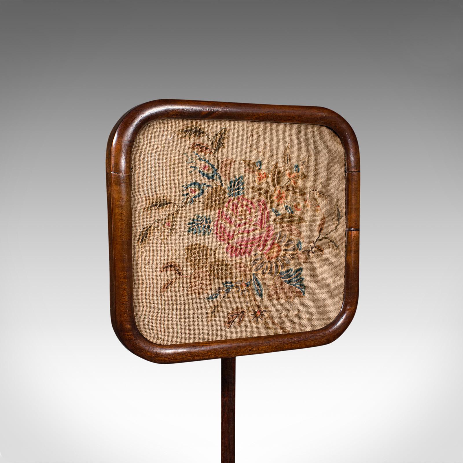 Wood Antique Adjustable Pole Screen, English, Needlepoint, Fire Shield, Regency, 1830 For Sale