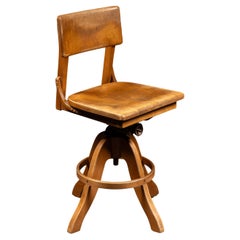 Antique Adjustable Wooden Swivel Drafting Stool