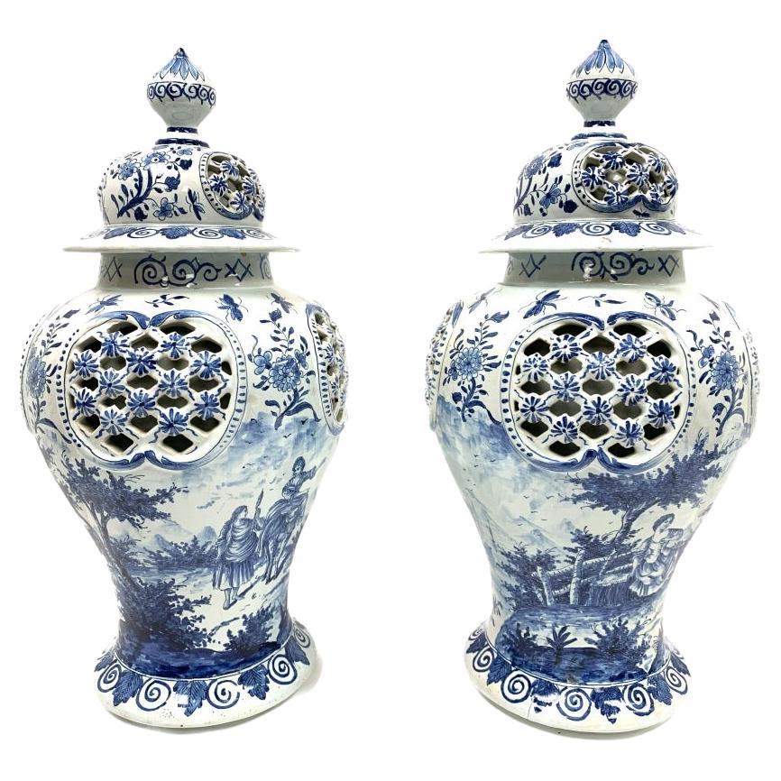Antique Adriaen Luffneu Delft Blue & White Tall Pierced & Cased Ginger Jars  For Sale