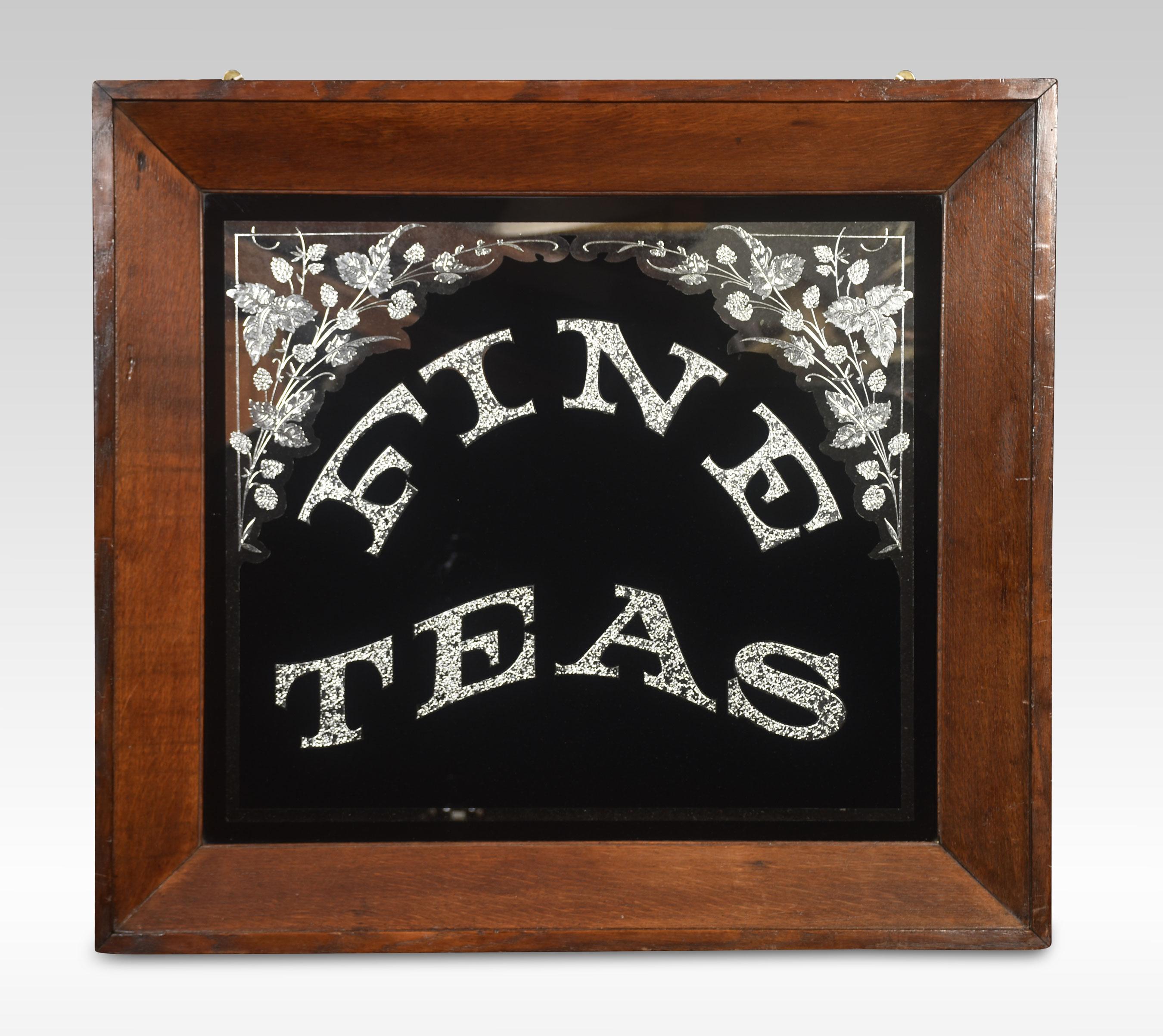 Oak framed advertising mirror encased in oak frame, inscribed Fine Teas on a black background decorated with floral relief.
Dimensions
Height 30.5 inches
Width 34 inches
Depth 3 inches.