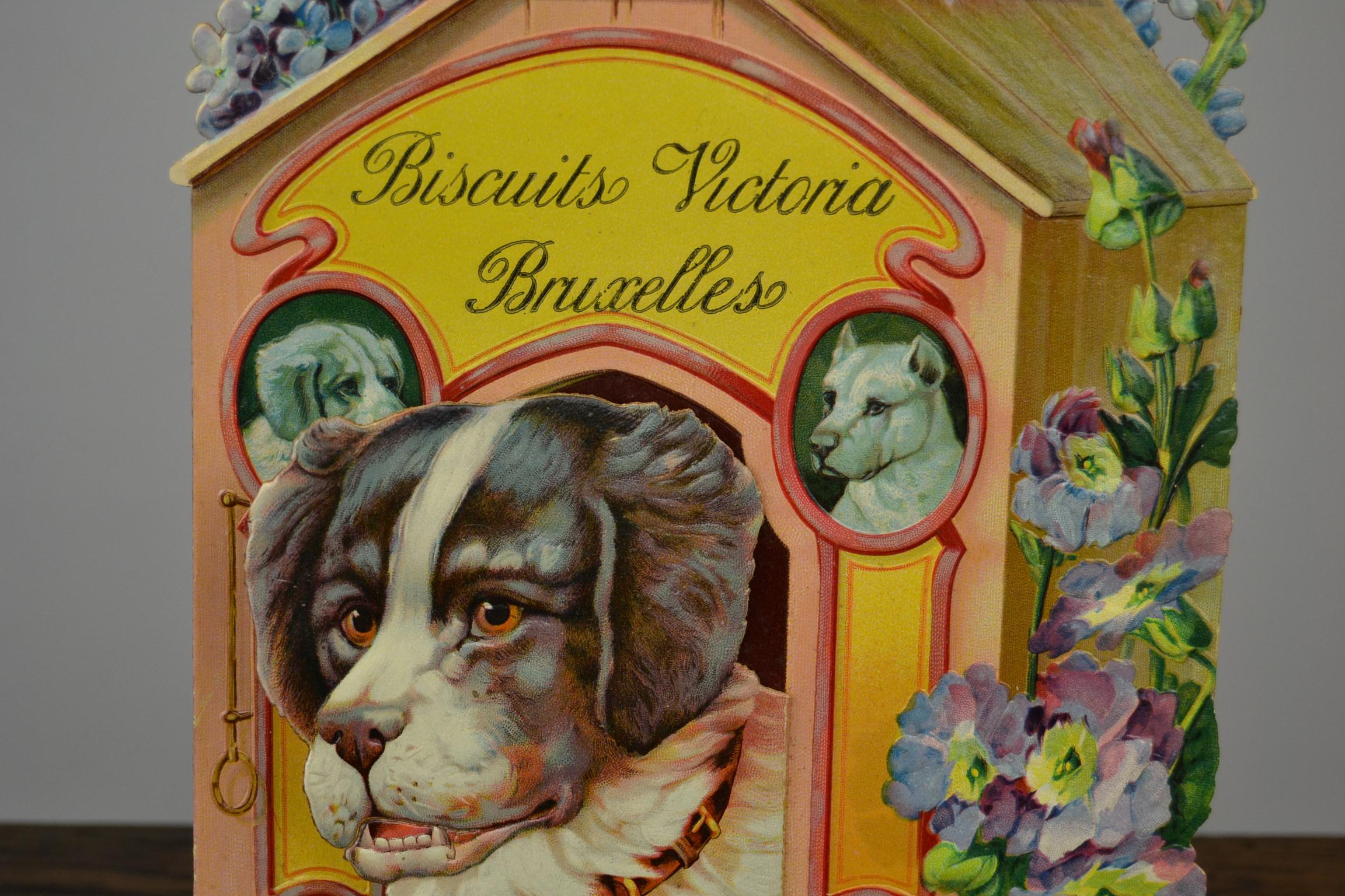 European Antique Advertising Sign Biscuits Victoria Brussels Belgium with Suchard Dog