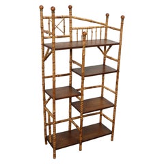 Antique Aesthestic Movement Burnt Bamboo and Brass Five Shelf Etagere Bookcase