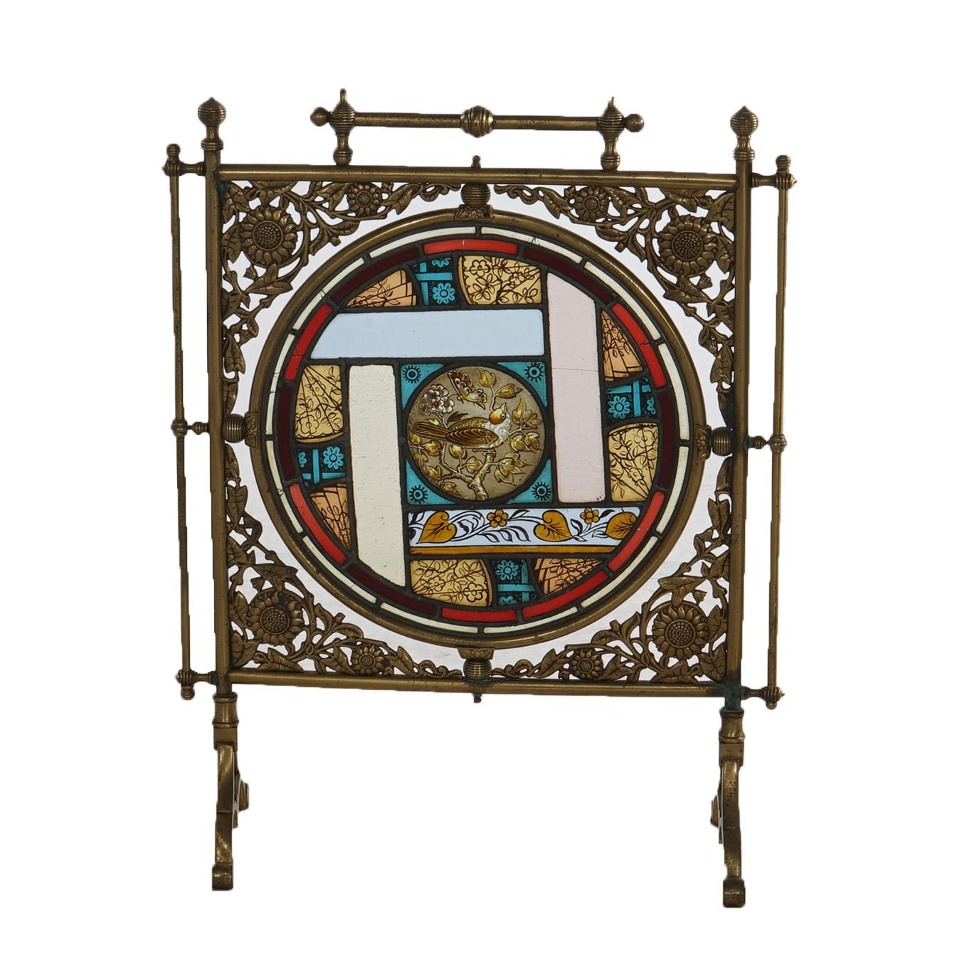Antique Aesthetic Bradley & Hubbard Fireplace Screen, Foliate Cast Brass & Central Stained Glass Medallion, c1870

Measures- 27''H x 21.5''W x 7''D