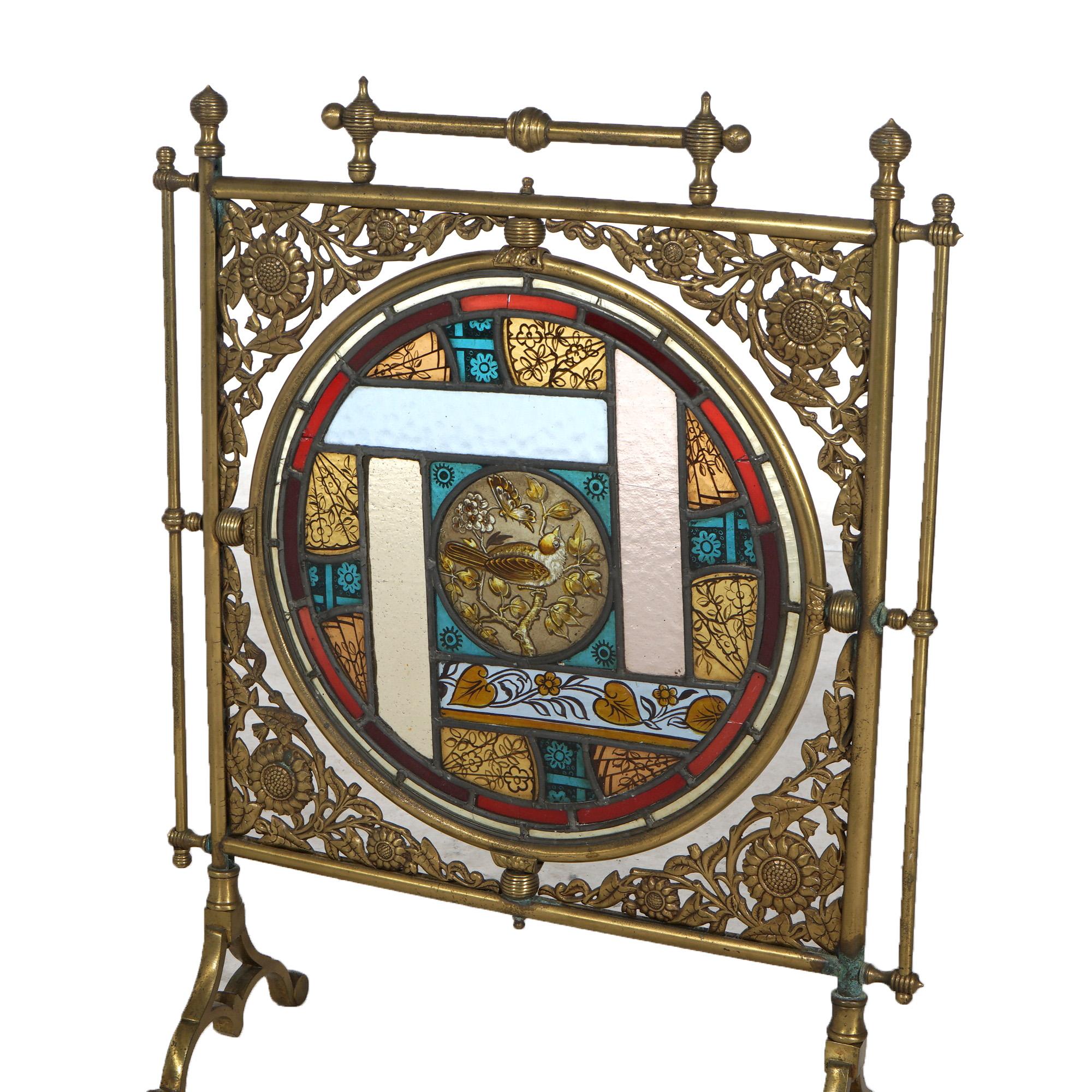 Aesthetic Movement Antique Aesthetic Bradley & Hubbard Fireplace Screen, Brass & Stained Glass 
