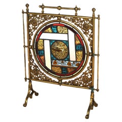 Used Aesthetic Bradley & Hubbard Fireplace Screen, Brass & Stained Glass 