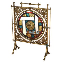 Antique Aesthetic Bradley & Hubbard Fireplace Screen, Brass & Stained Glass 