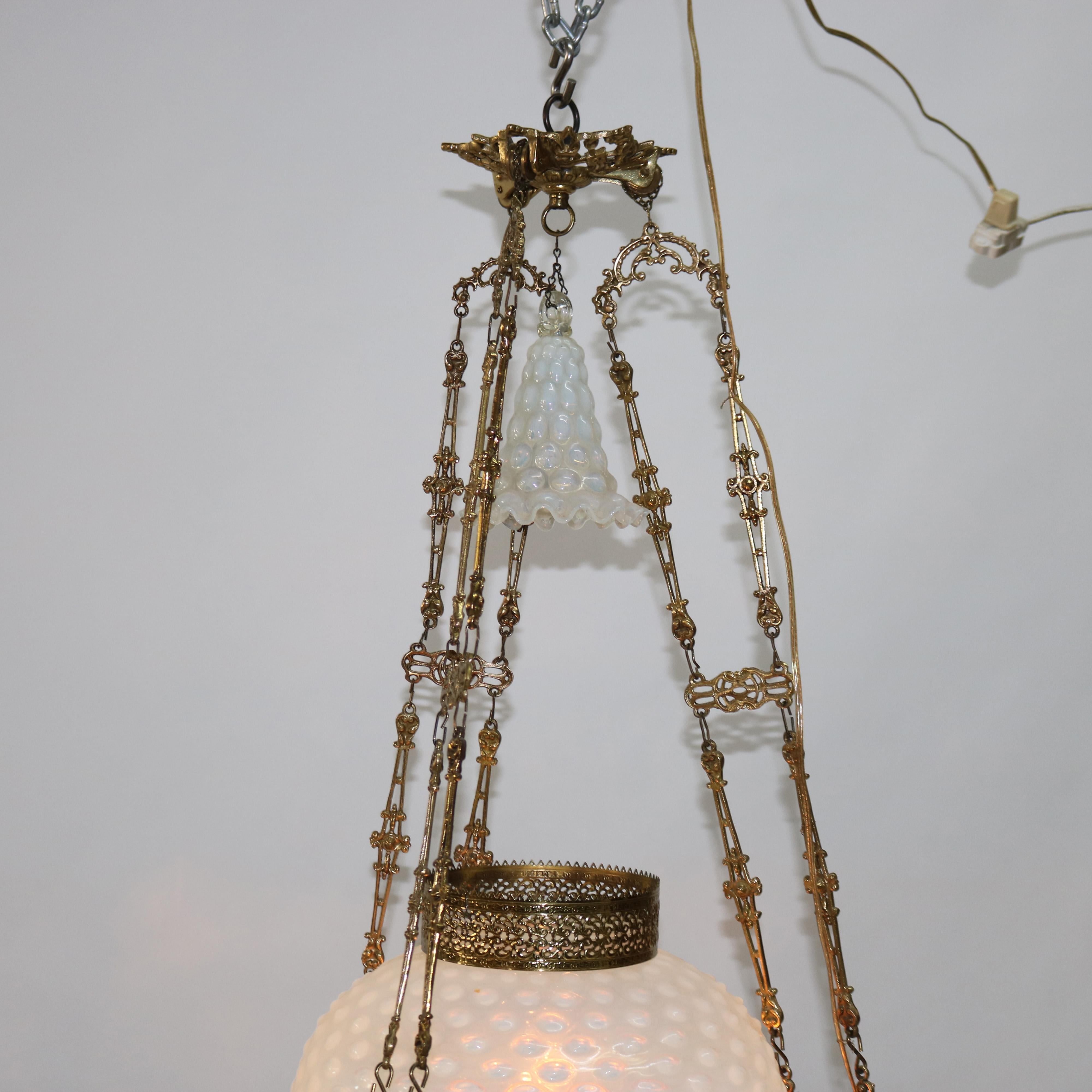 Antique Aesthetic Brass & Opalescent Hobnail Glass Hanging Library Lamp C1890 5