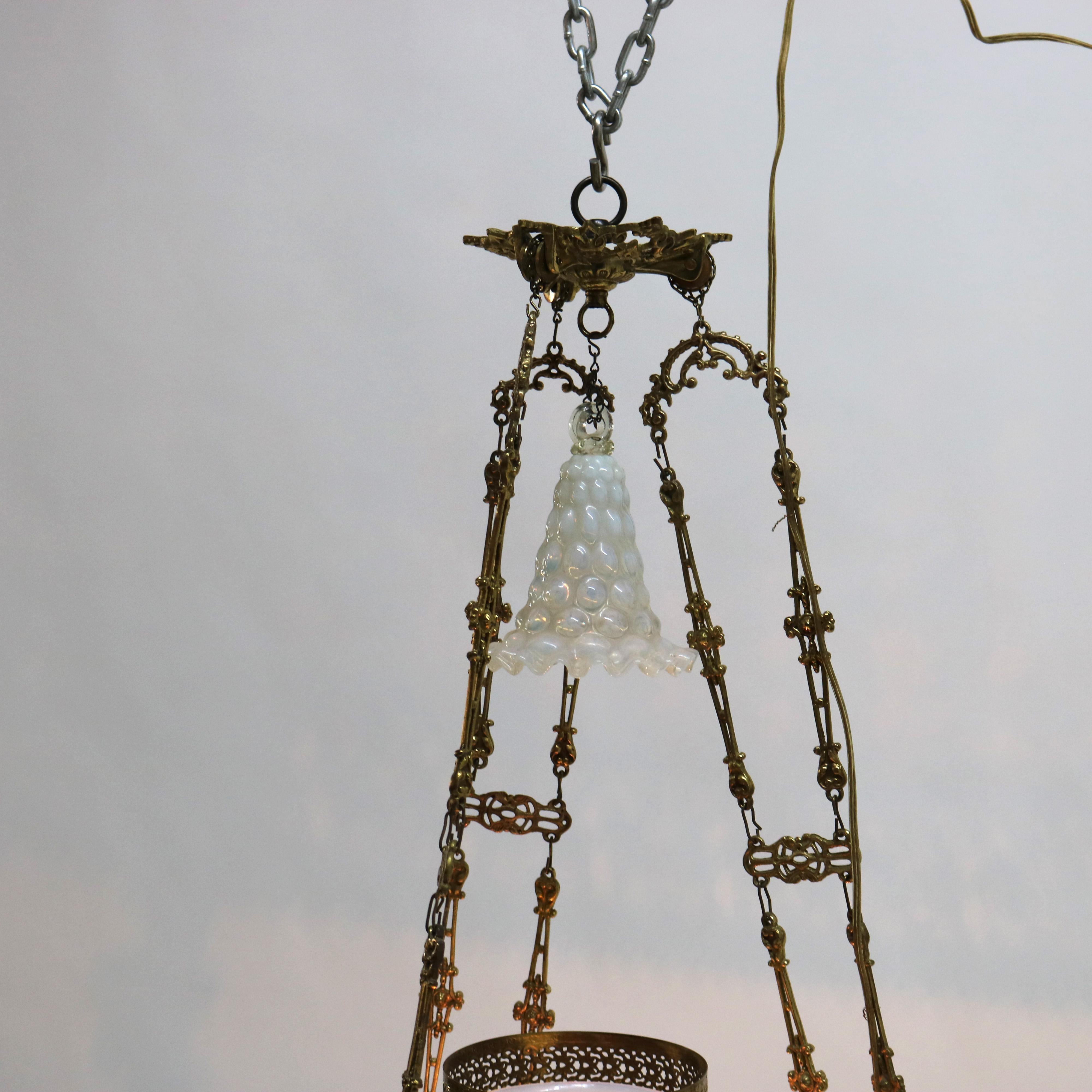 Antique Aesthetic Brass & Opalescent Hobnail Glass Hanging Library Lamp C1890 6