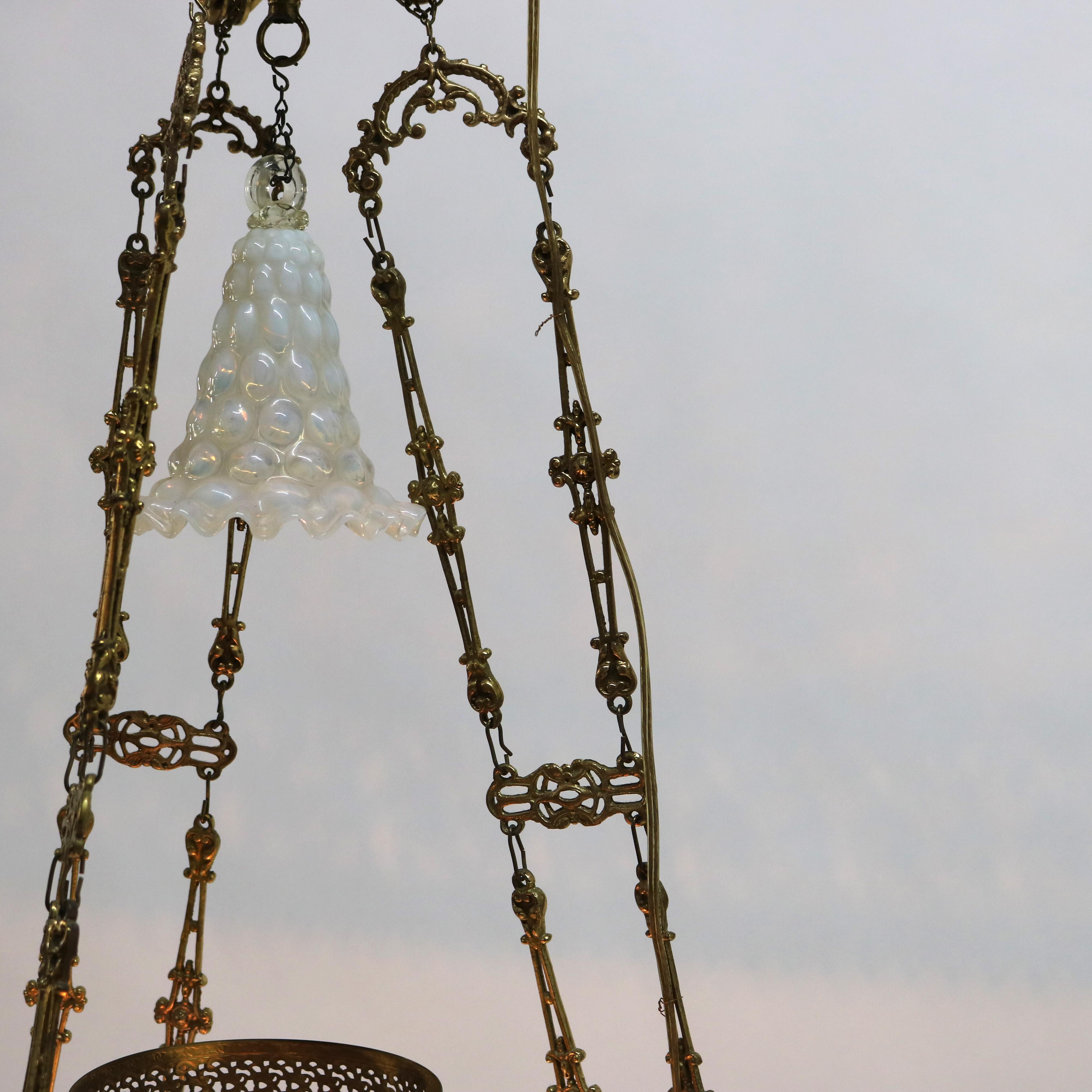 Antique Aesthetic Brass & Opalescent Hobnail Glass Hanging Library Lamp C1890 7