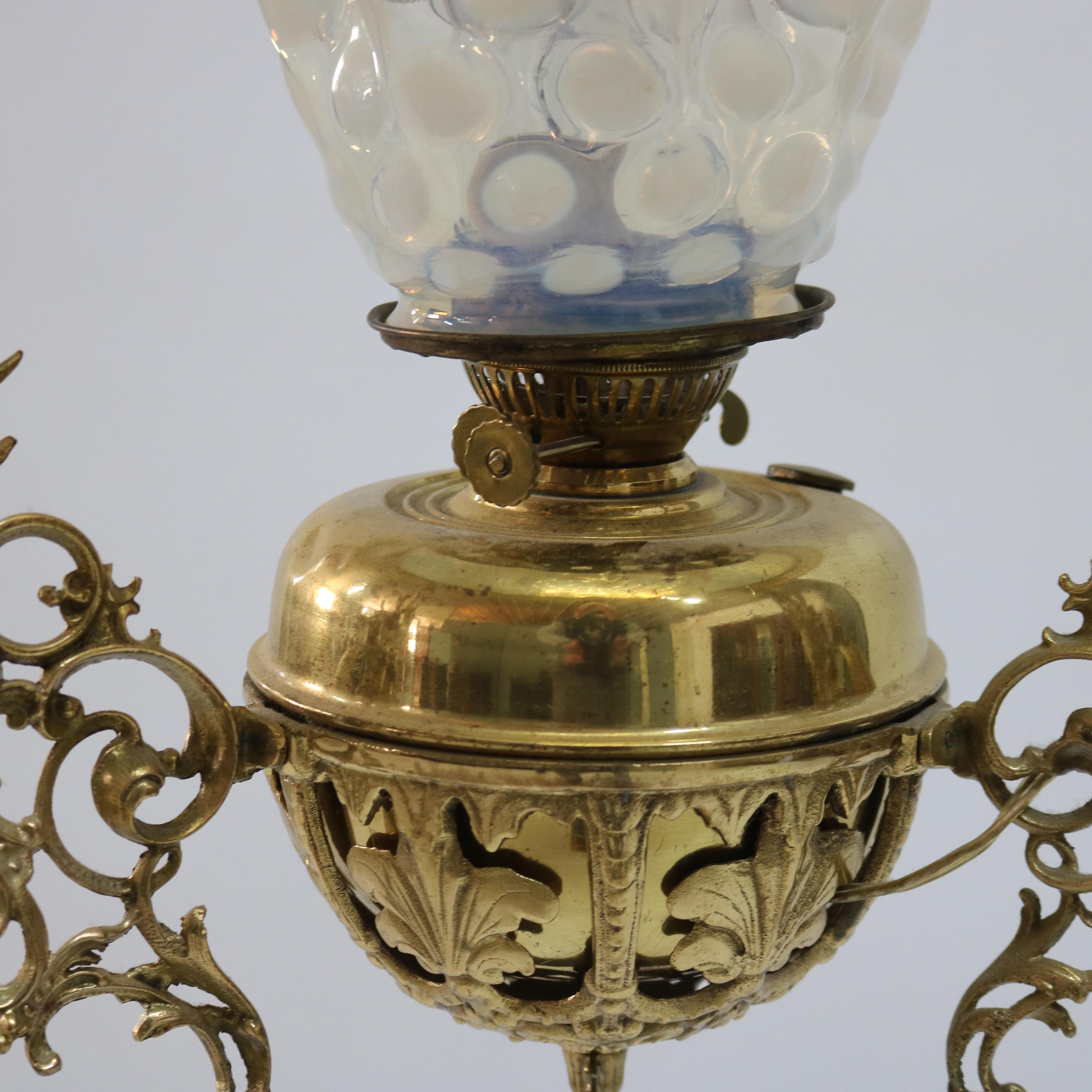 Antique Aesthetic Brass & Opalescent Hobnail Glass Hanging Library Lamp C1890 8