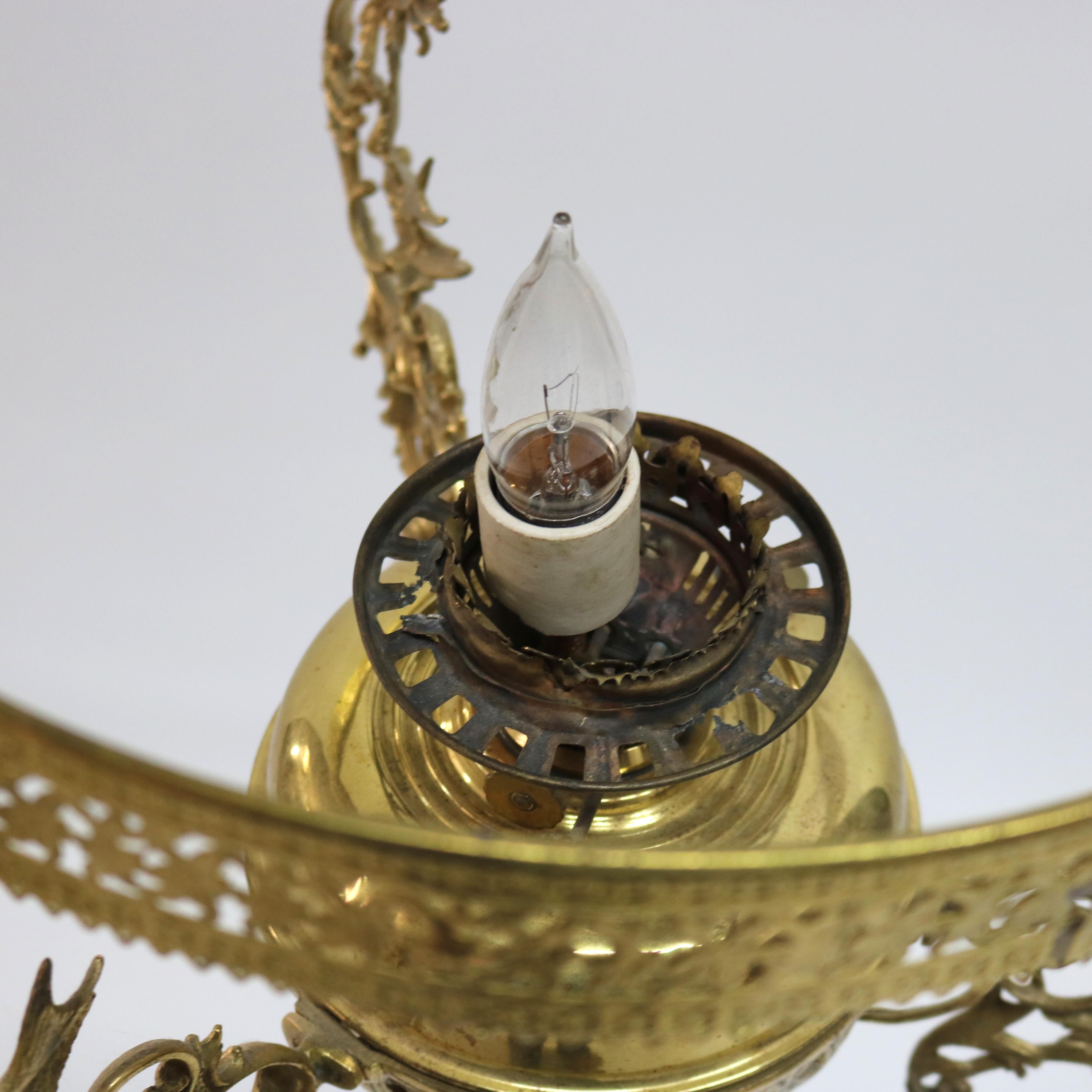 Antique Aesthetic Brass & Opalescent Hobnail Glass Hanging Library Lamp C1890 9