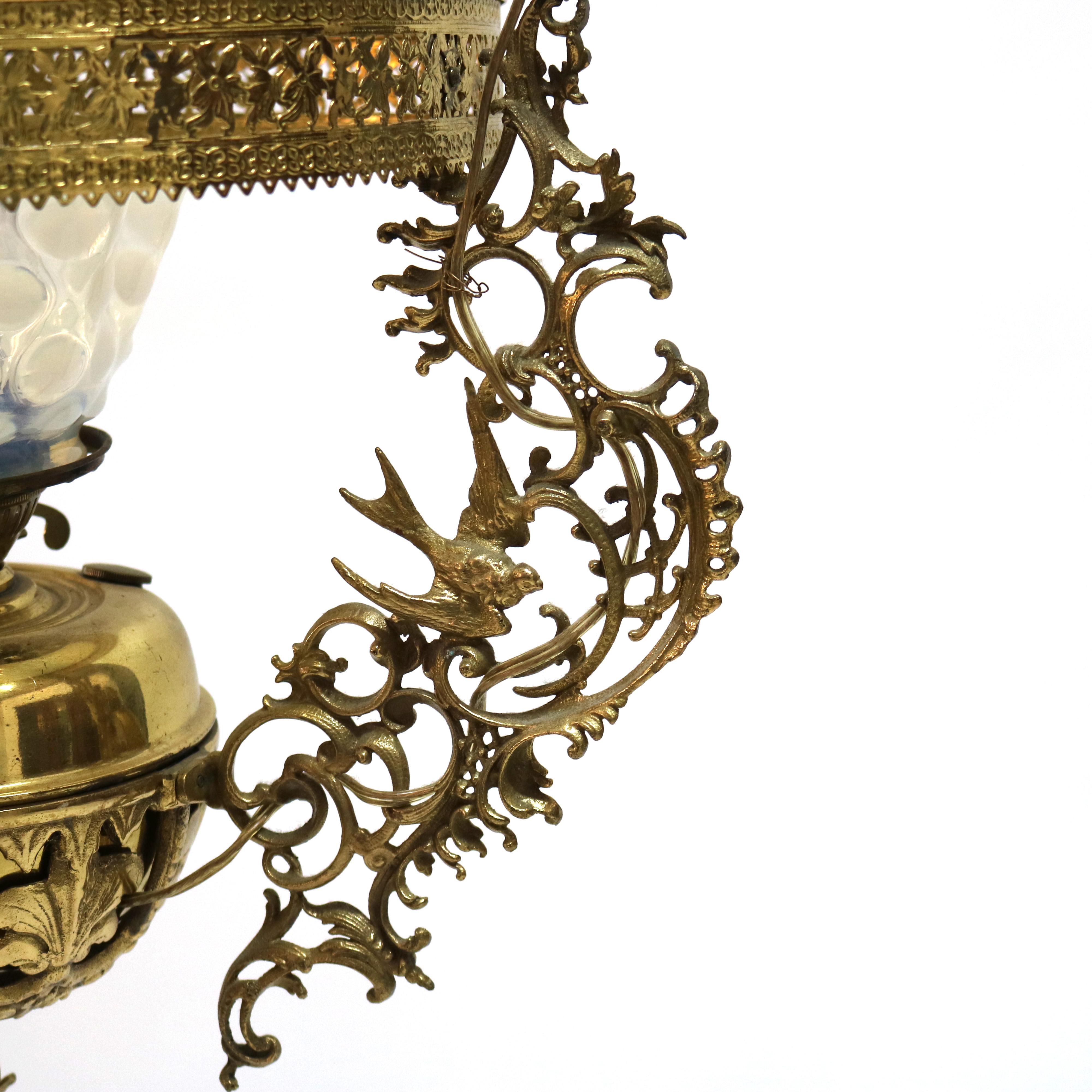 Antique Aesthetic Brass & Opalescent Hobnail Glass Hanging Library Lamp with Foliate and Bird Elements, Electrified, C1890

Measures- 42.75