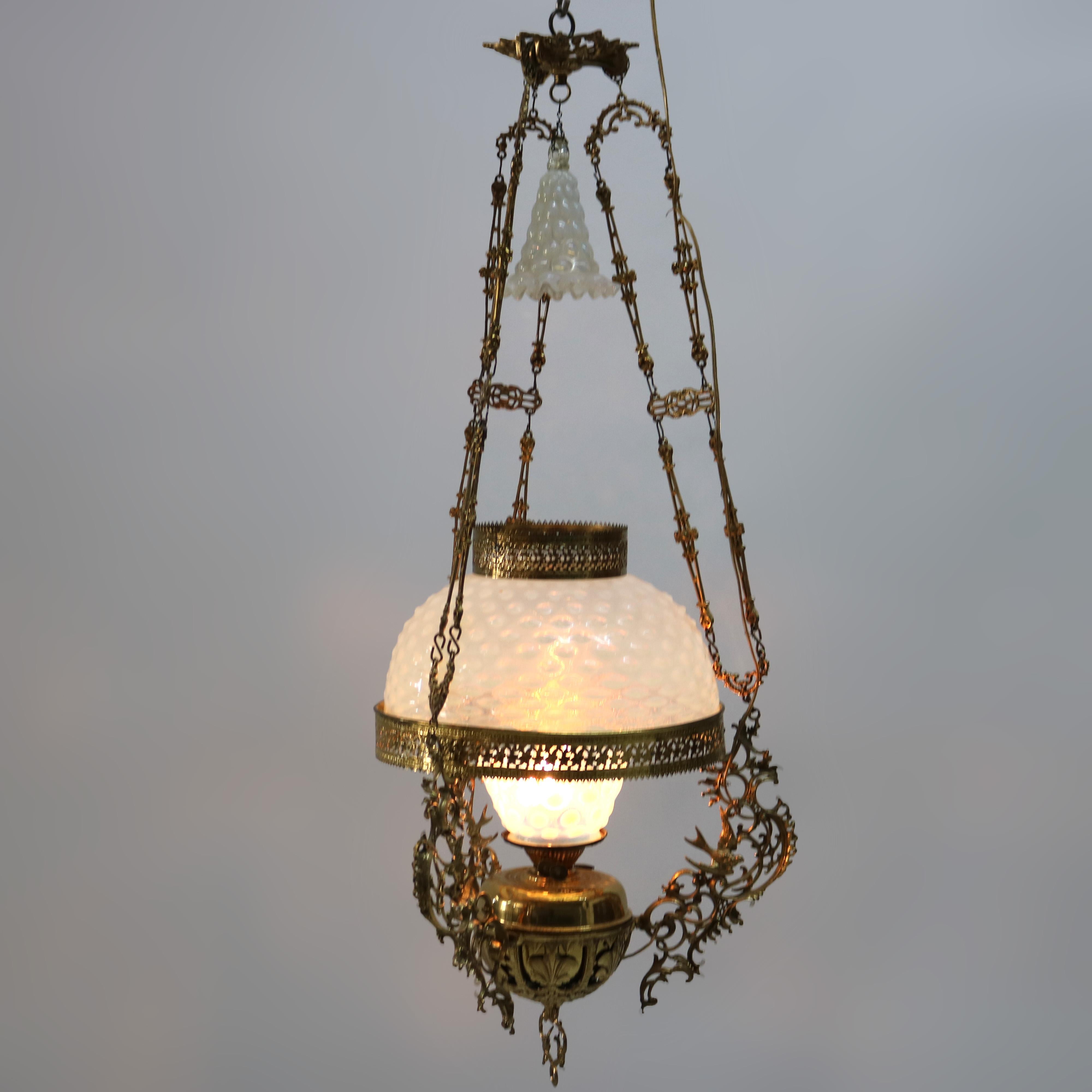 Aesthetic Movement Antique Aesthetic Brass & Opalescent Hobnail Glass Hanging Library Lamp C1890