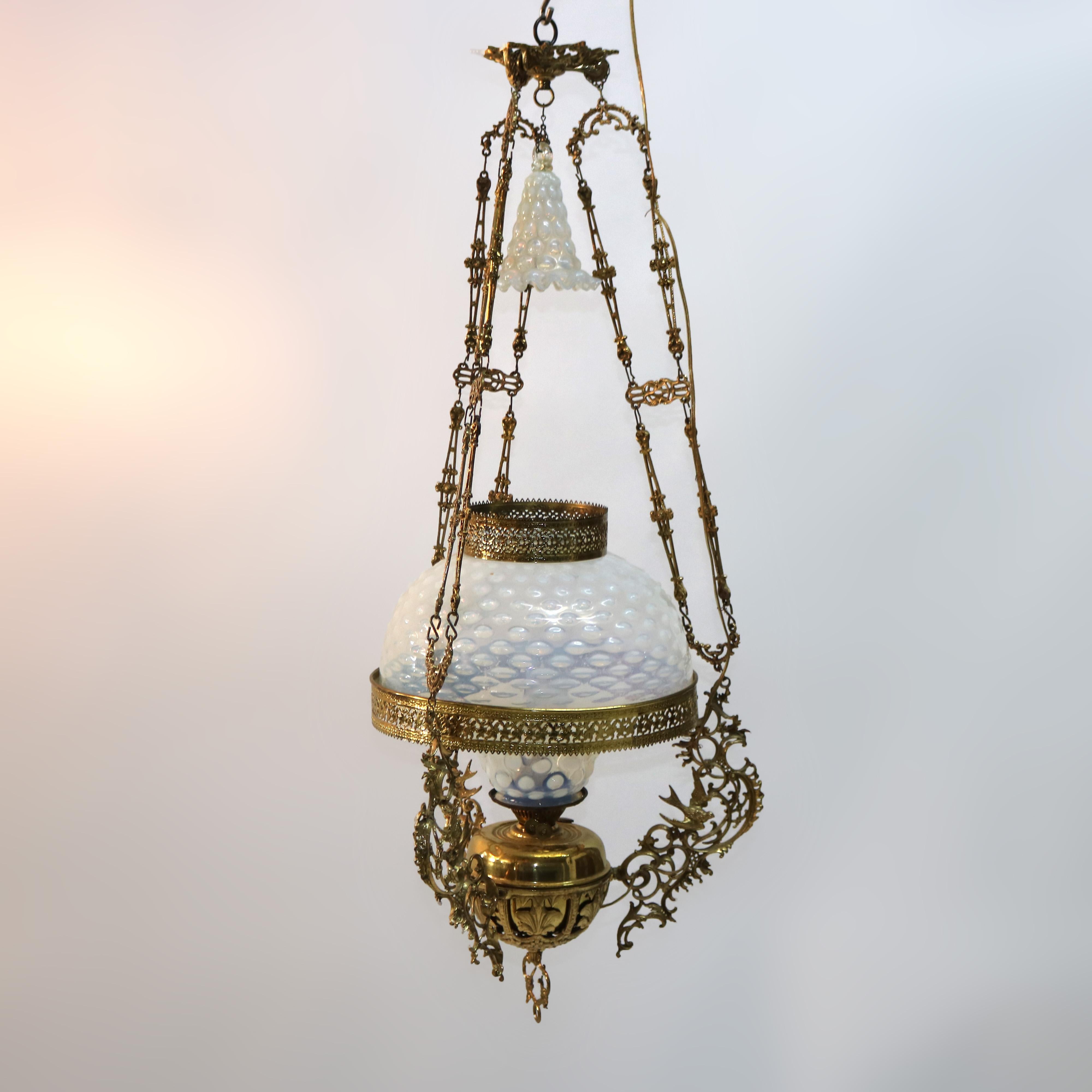 Antique Aesthetic Brass & Opalescent Hobnail Glass Hanging Library Lamp C1890 In Good Condition In Big Flats, NY