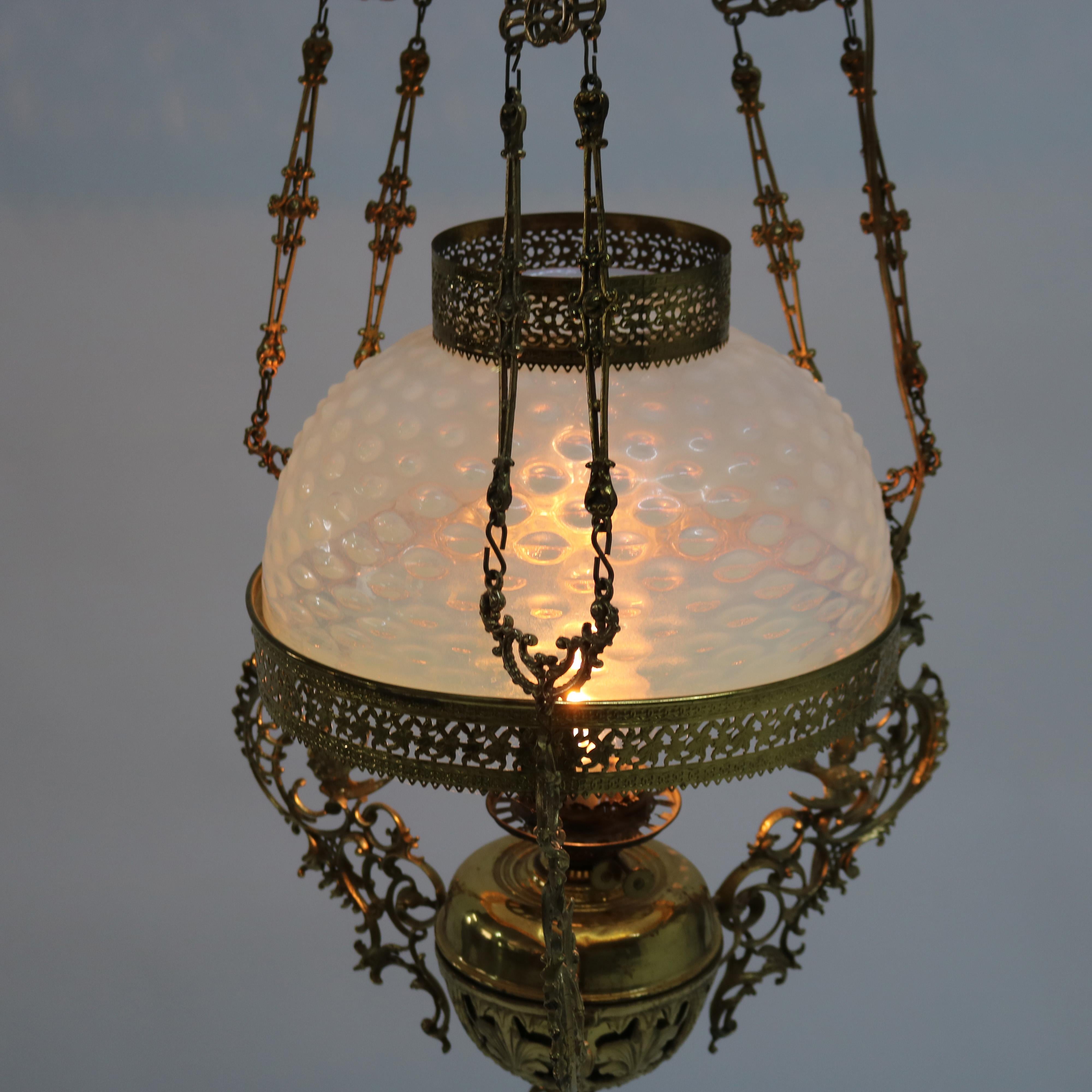 19th Century Antique Aesthetic Brass & Opalescent Hobnail Glass Hanging Library Lamp C1890