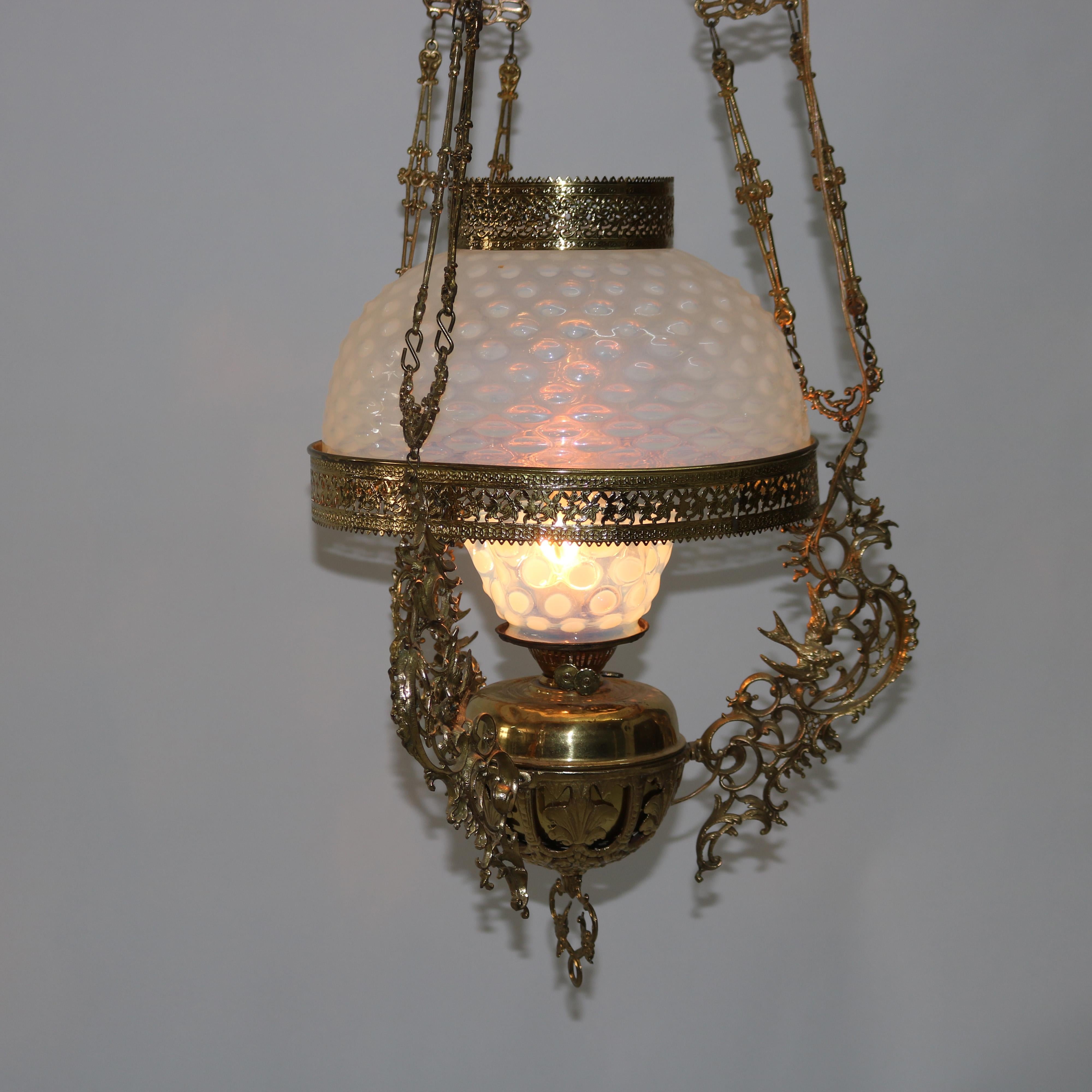 Antique Aesthetic Brass & Opalescent Hobnail Glass Hanging Library Lamp C1890 1