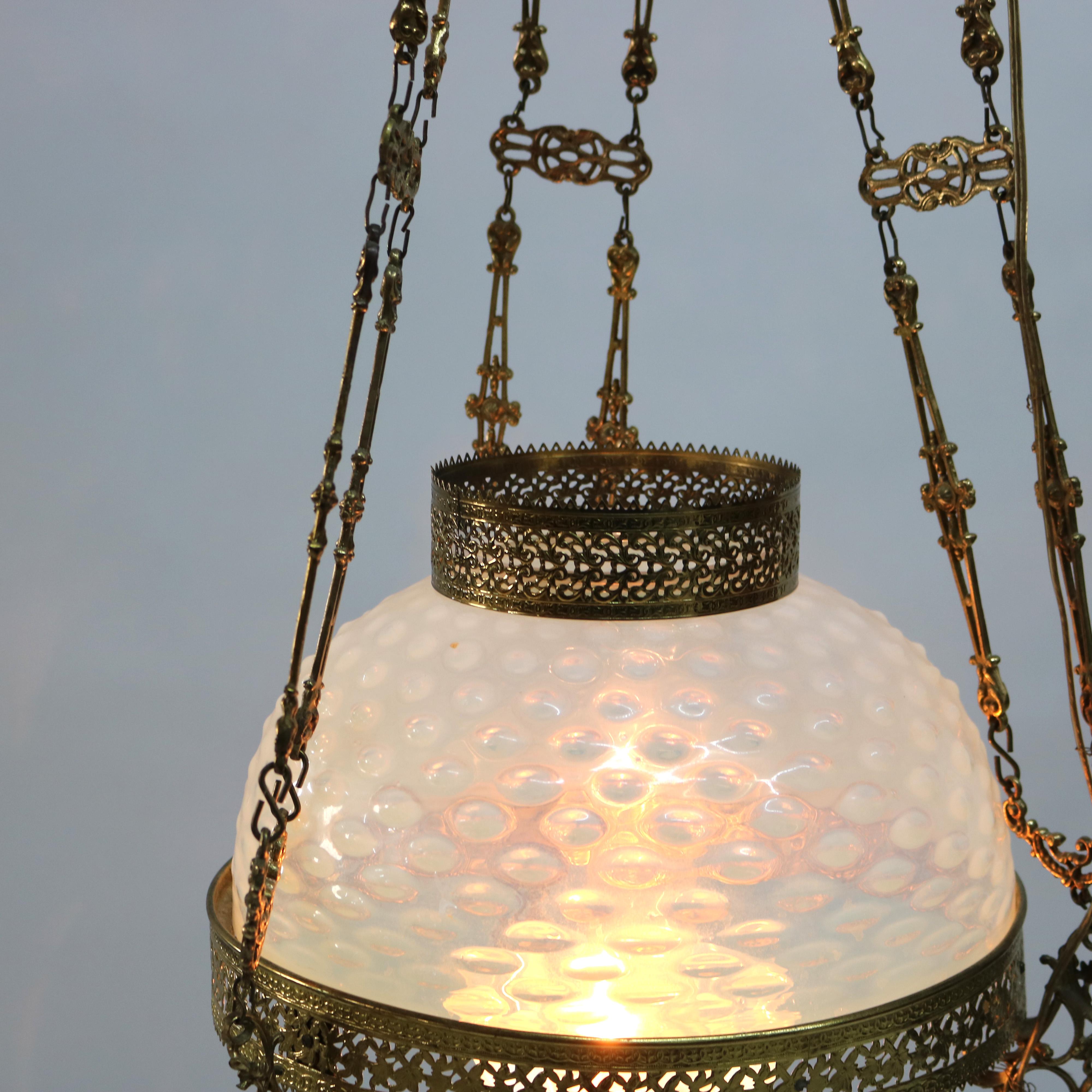 Antique Aesthetic Brass & Opalescent Hobnail Glass Hanging Library Lamp C1890 2