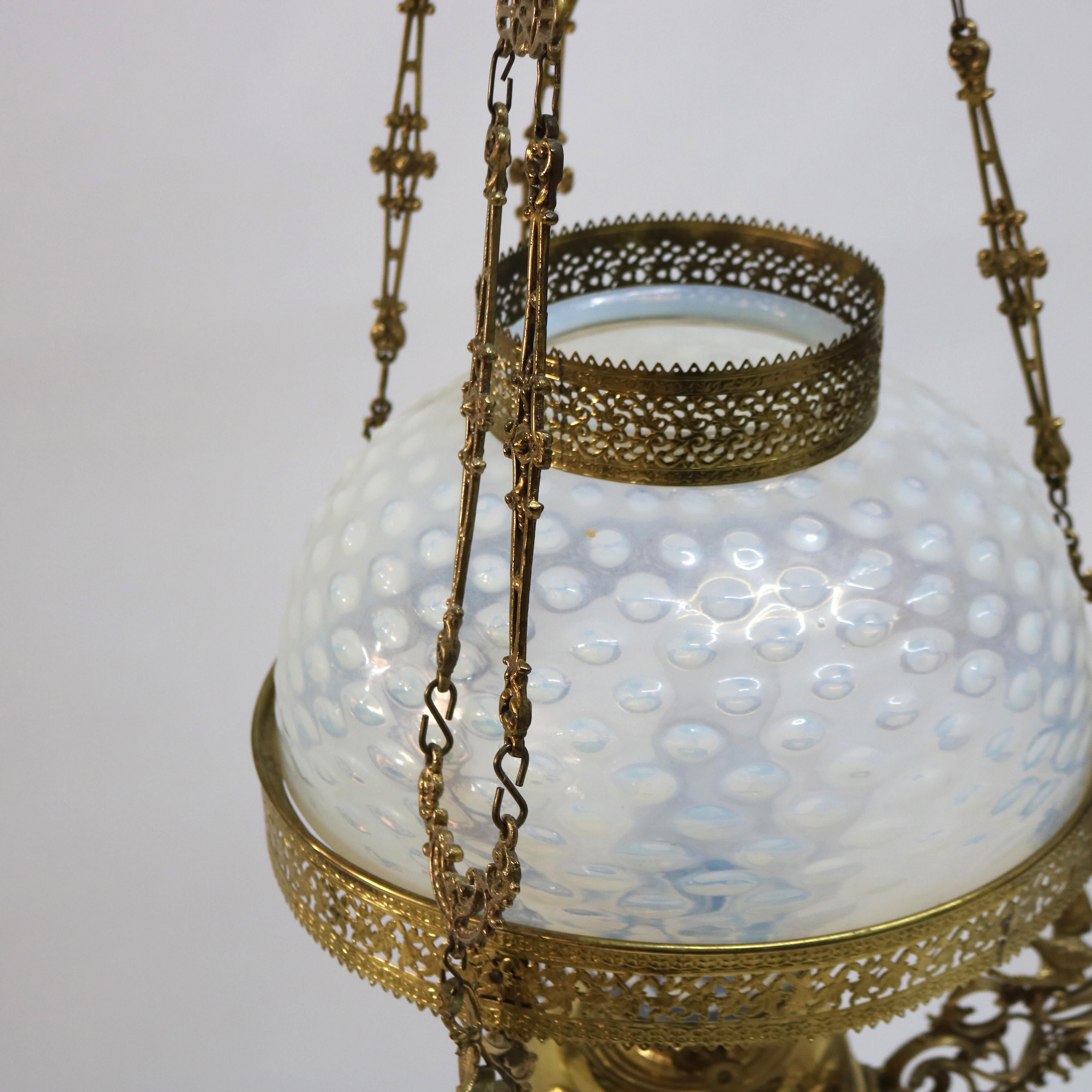Antique Aesthetic Brass & Opalescent Hobnail Glass Hanging Library Lamp C1890 3
