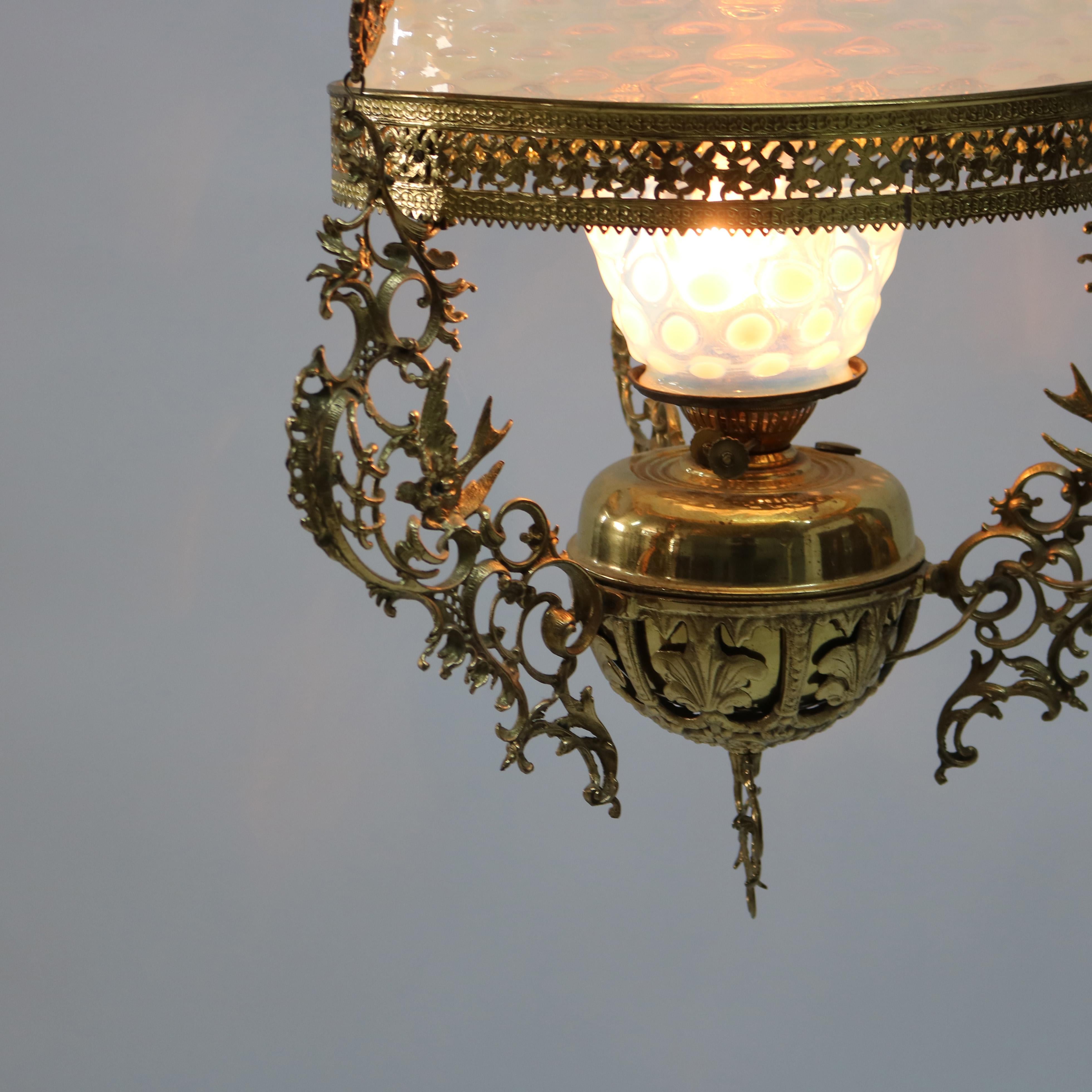 Antique Aesthetic Brass & Opalescent Hobnail Glass Hanging Library Lamp C1890 4