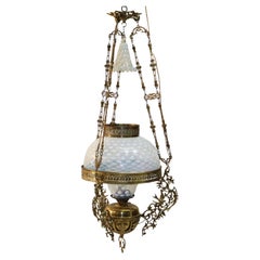 Antique Aesthetic Brass & Opalescent Hobnail Glass Hanging Library Lamp C1890