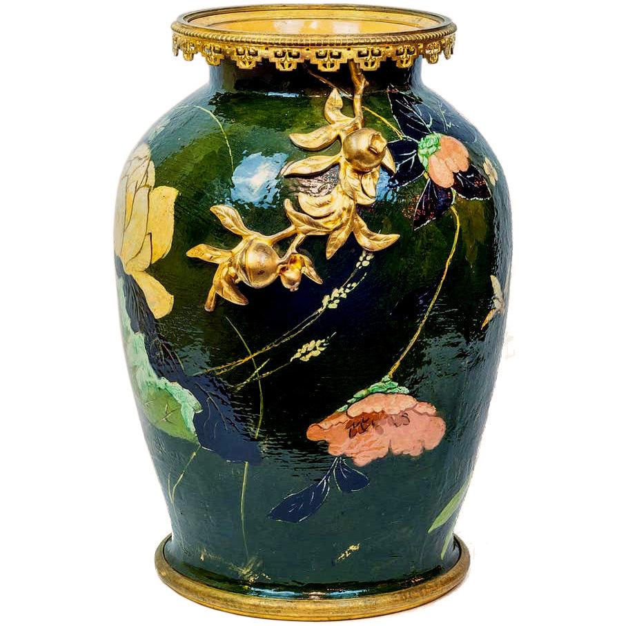 Gilt Antique Aesthetic Bronze-Mounted Ceramic Vase For Sale