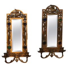 Antique Aesthetic Bronzed Metal, Jeweled & Mirrored Candle Wall Sconces C1880