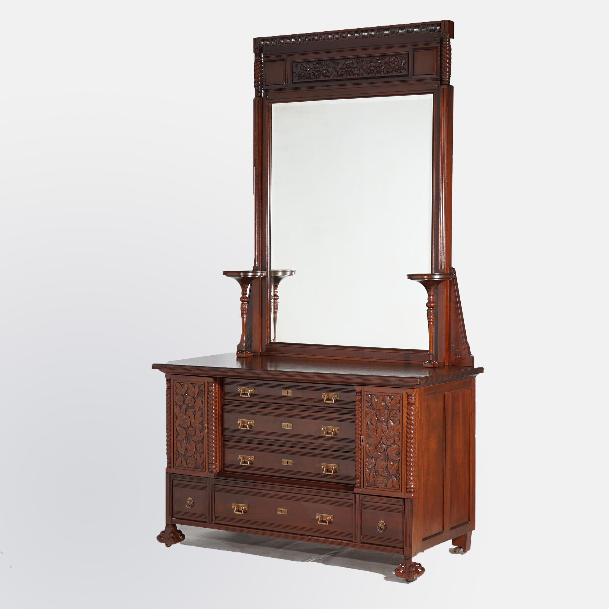 Antique Aesthetic Carved Mahogany Dresser with Mirror, circa 1890 8