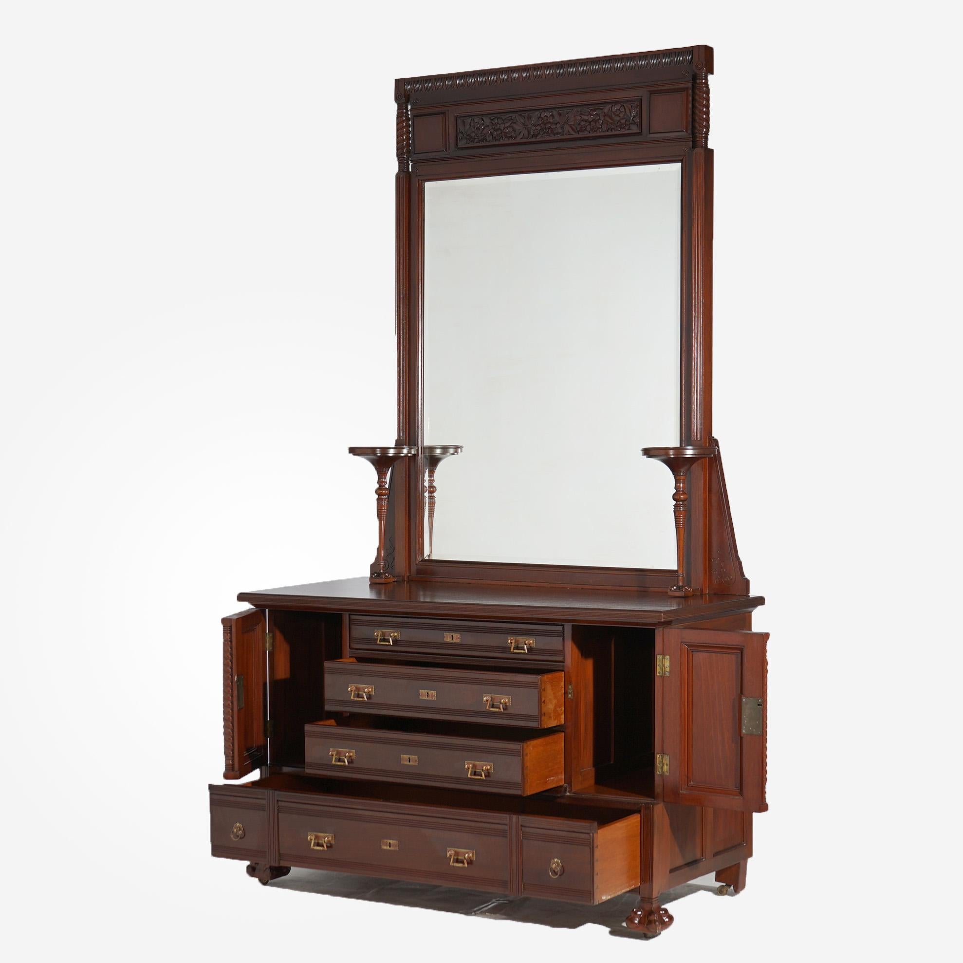Aesthetic Movement Antique Aesthetic Carved Mahogany Dresser with Mirror, circa 1890