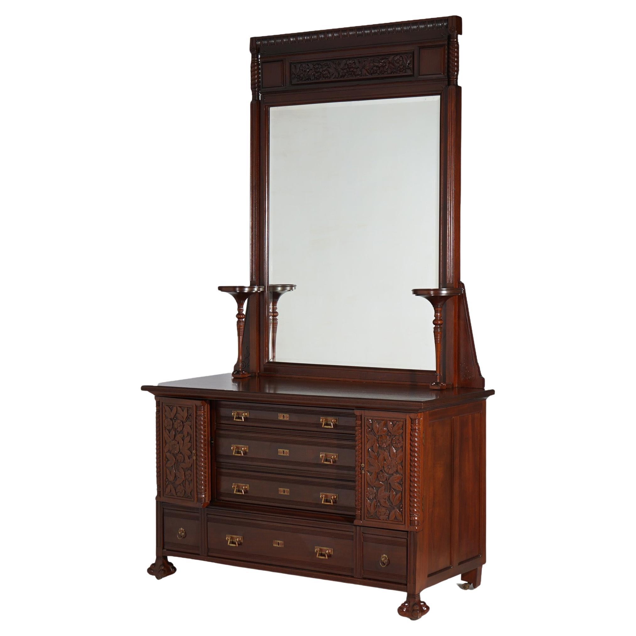 Antique Aesthetic Carved Mahogany Dresser with Mirror, circa 1890