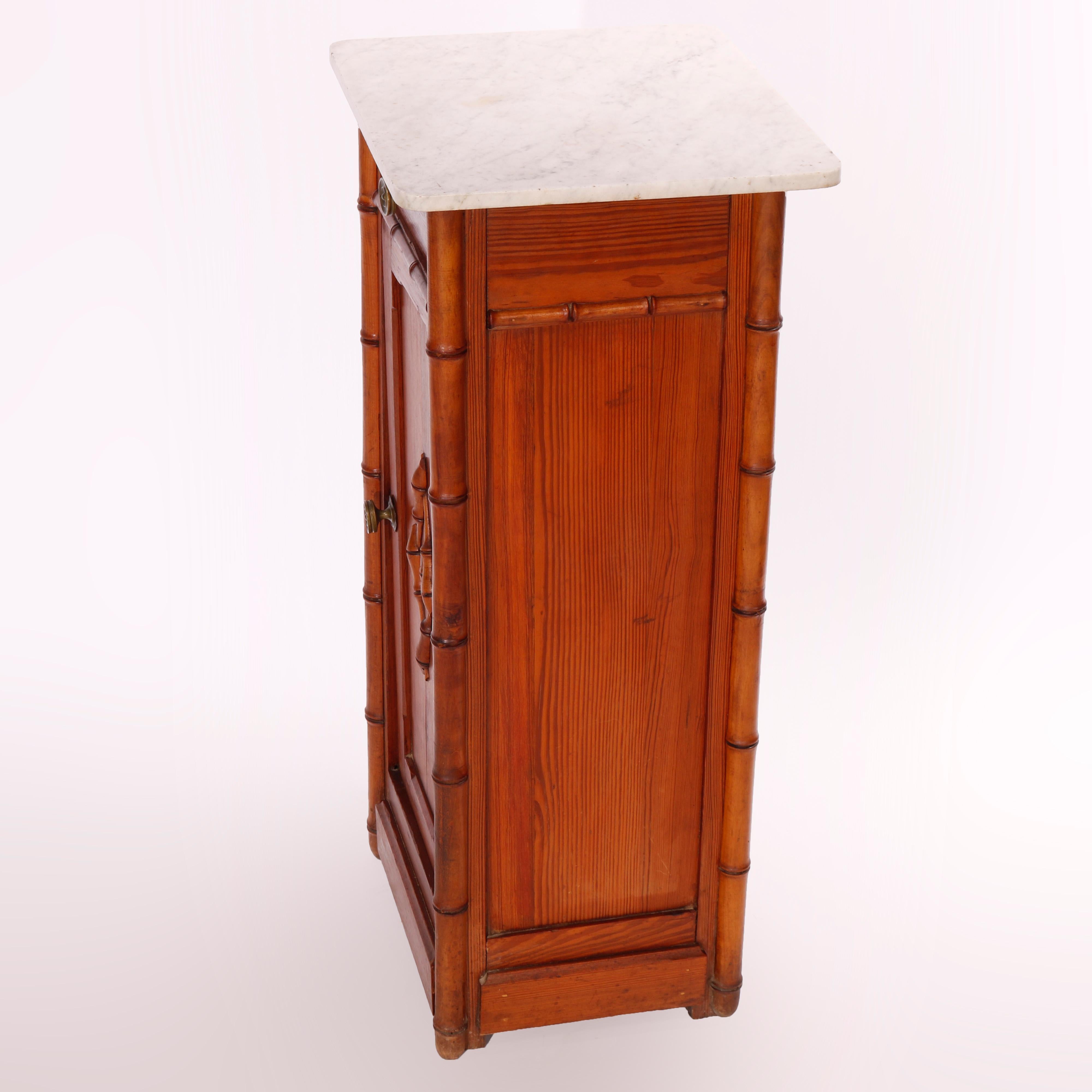 19th Century Antique Aesthetic Carved Oak Faux Bamboo Marble Top Side Stand, Circa 1890 For Sale