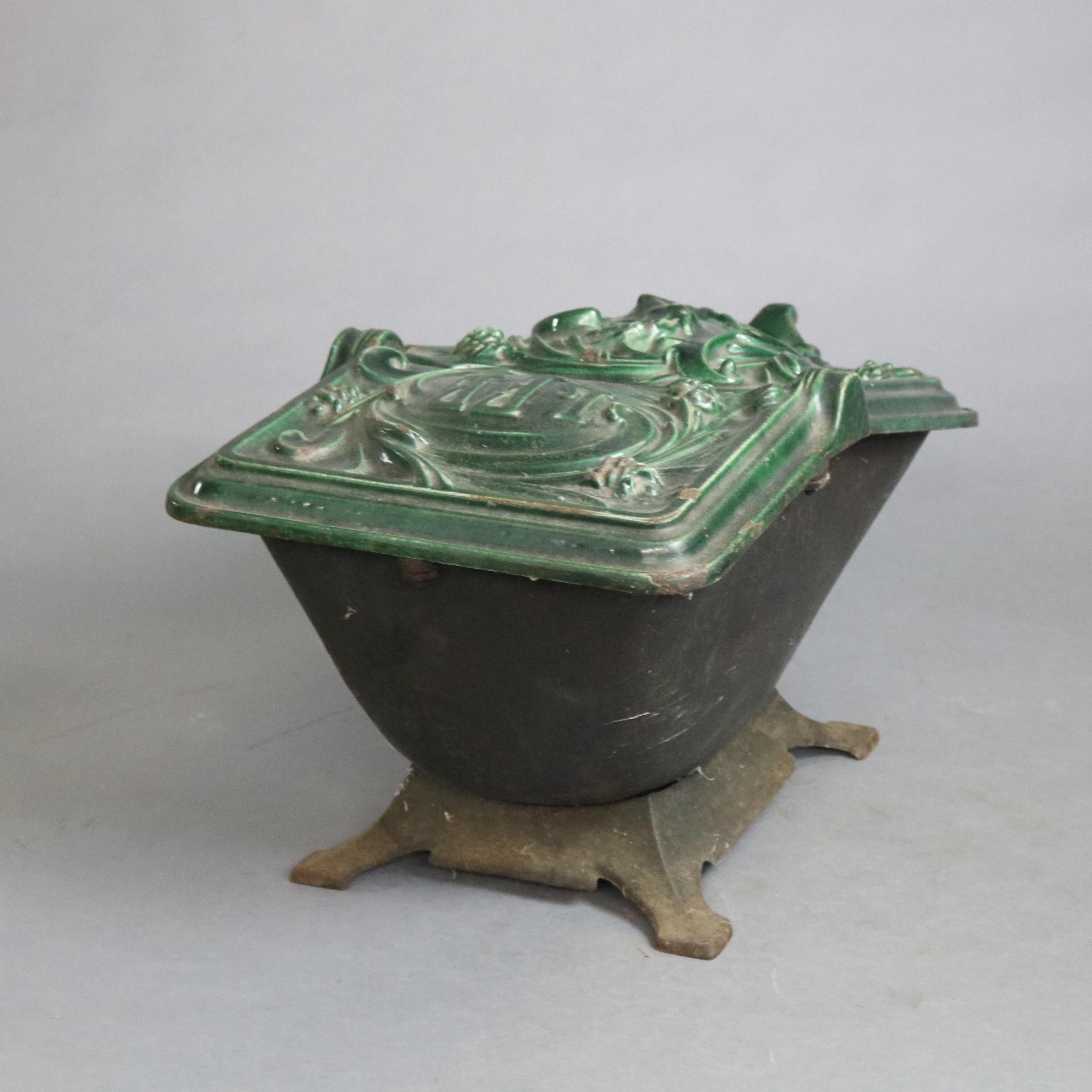 Antique Aesthetic Coal Scuttle Enameled & Embossed Serpent & Pine Cones , c1890 1