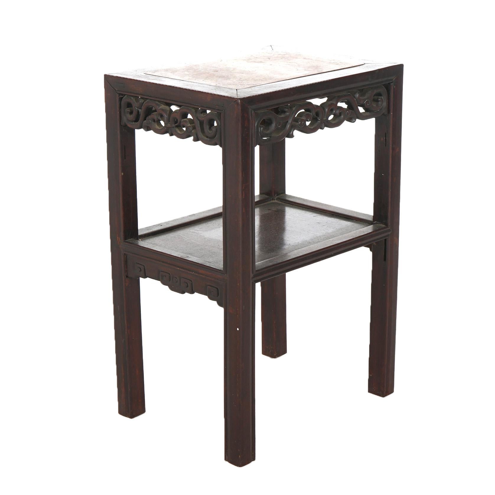 Antique Aesthetic Foliate Carved Rosewood & Rouge Marble Side Table C1910 For Sale 1
