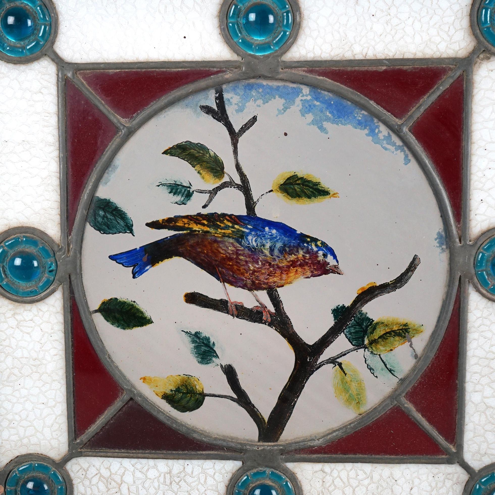 Antique Aesthetic Framed Jeweled & Etched Blue Bird Stained Glass Window c1870

Measures - 18 1/4