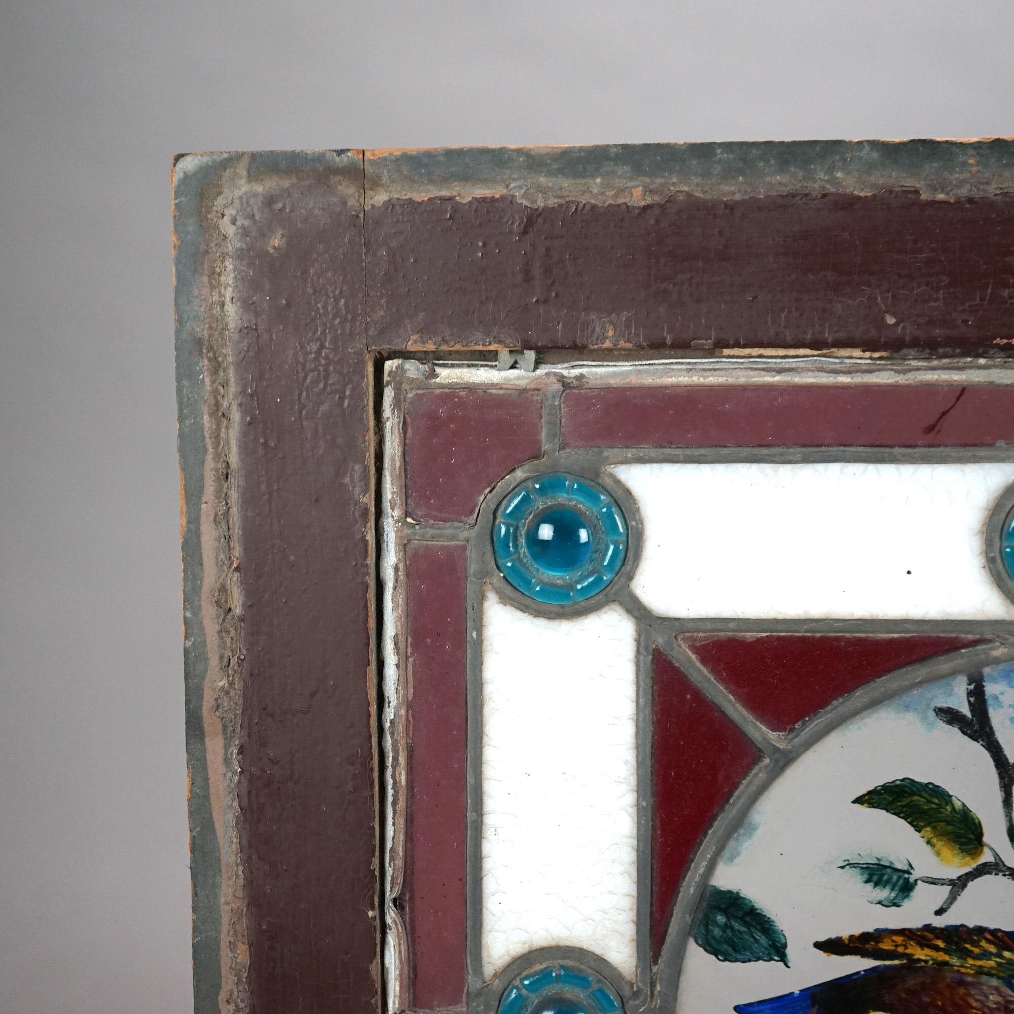 Aesthetic Movement Antique Aesthetic Framed Jeweled & Etched Blue Bird Stained Glass Window c1870