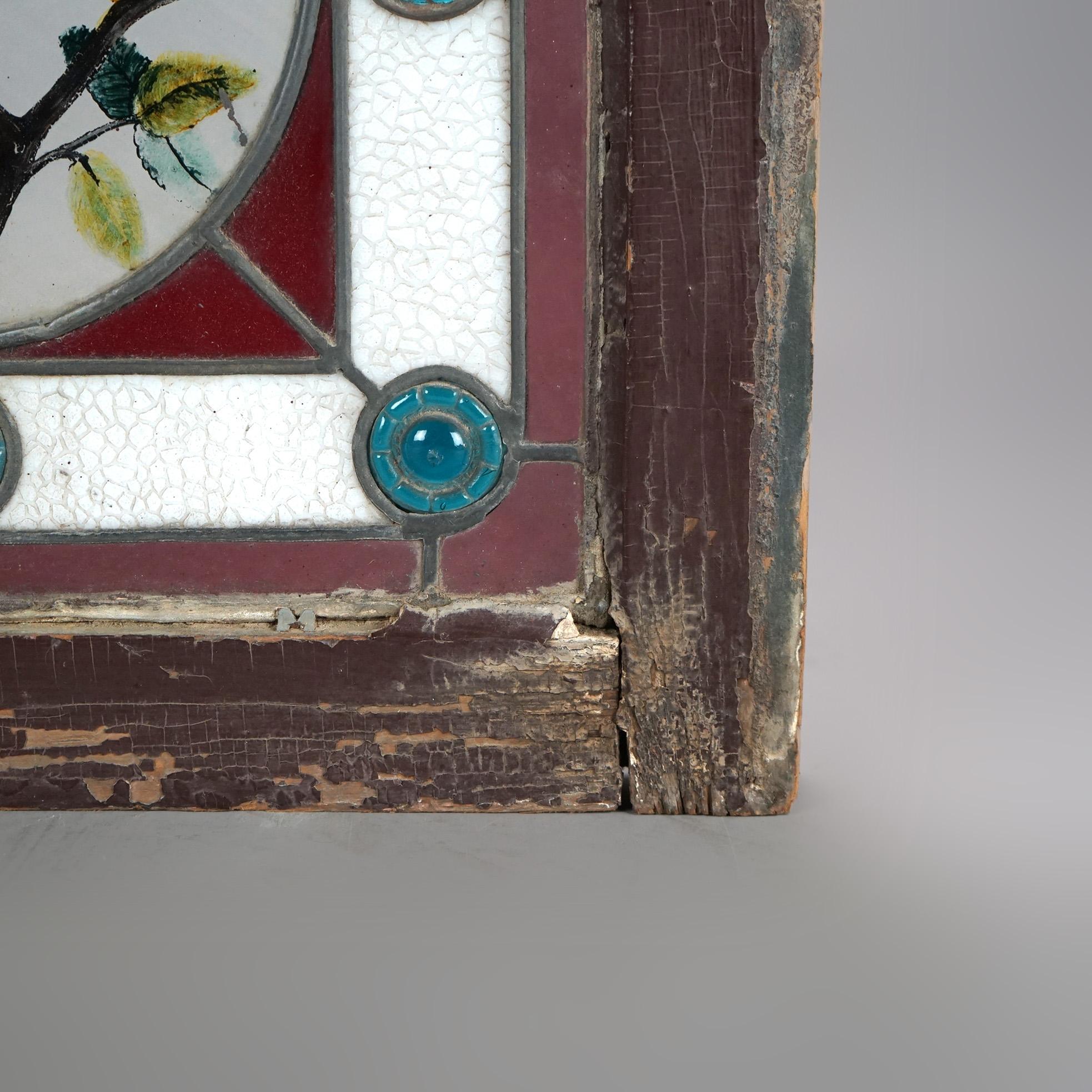 Antique Aesthetic Framed Jeweled & Etched Blue Bird Stained Glass Window c1870 In Good Condition In Big Flats, NY
