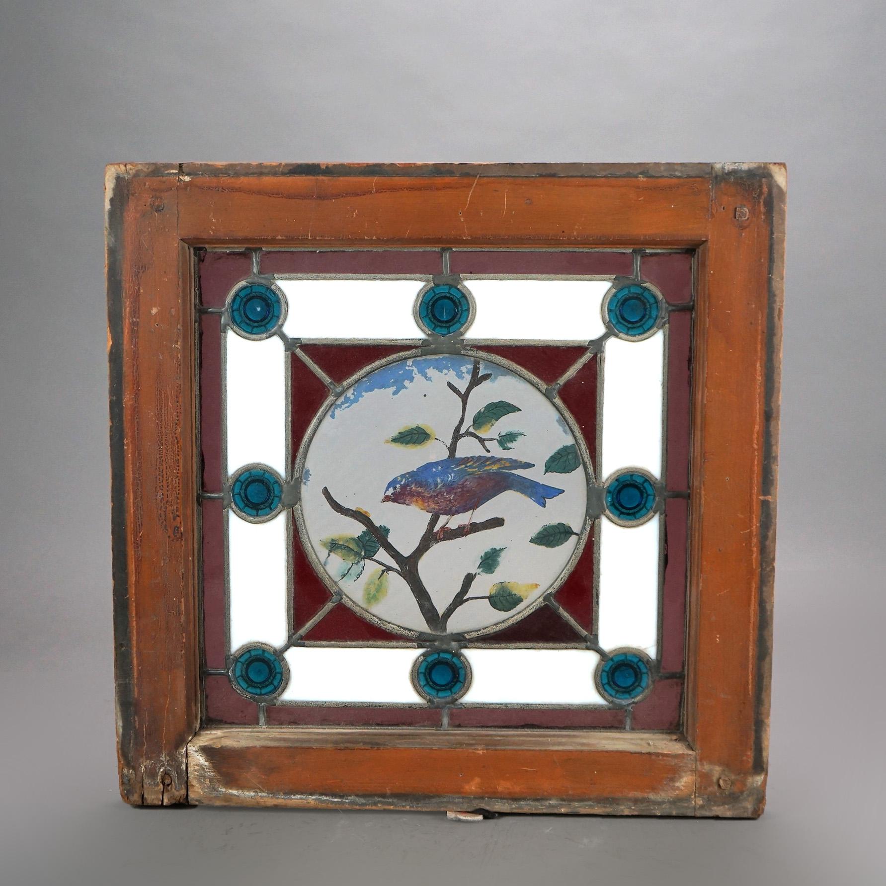 Antique Aesthetic Framed Jeweled & Etched Blue Bird Stained Glass Window c1870 2