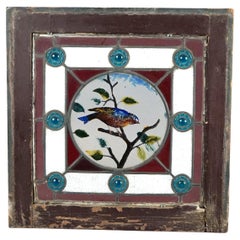 Antique Aesthetic Framed Jeweled & Etched Blue Bird Stained Glass Window c1870