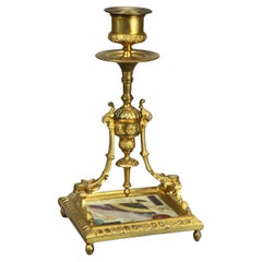 Antique Aesthetic Gilt Bronze Candlestick with Porcelain Tile Base C1880
