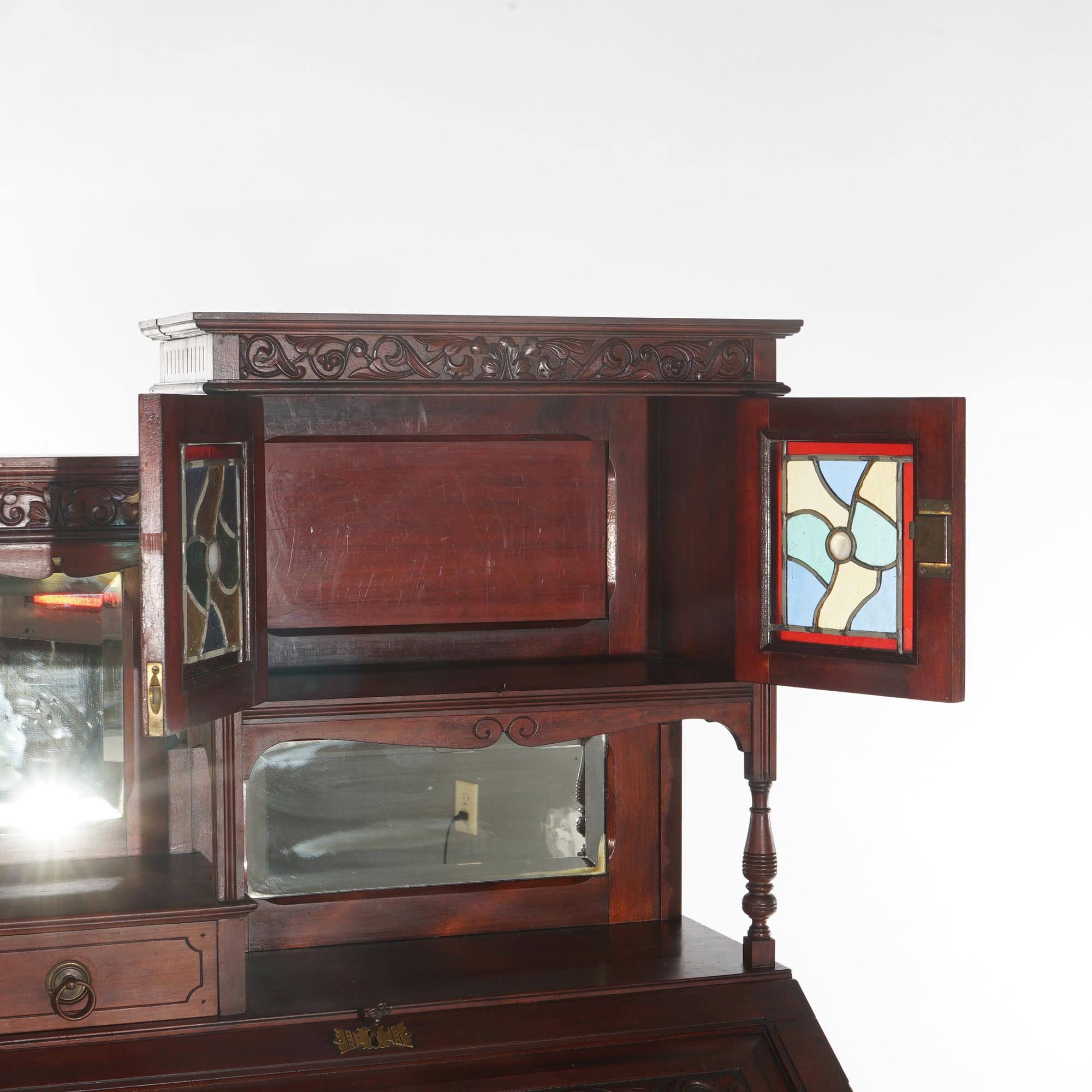 Antique Aesthetic Mahogany Drop Front Lady’s Desk with Jeweled Stained Glass 5