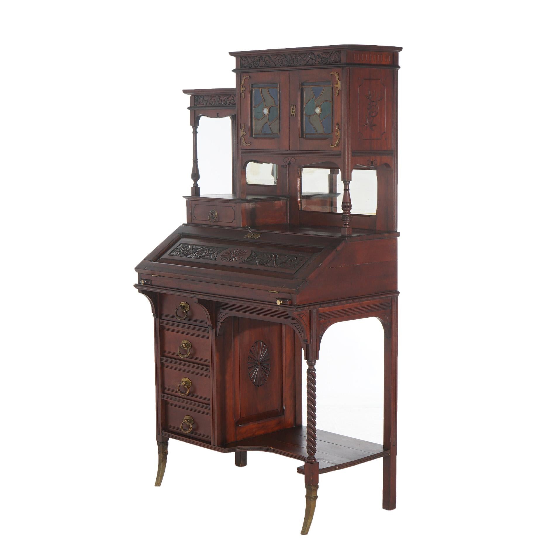 Antique Aesthetic Mahogany Drop Front Lady’s Desk with Jeweled Stained Glass 6