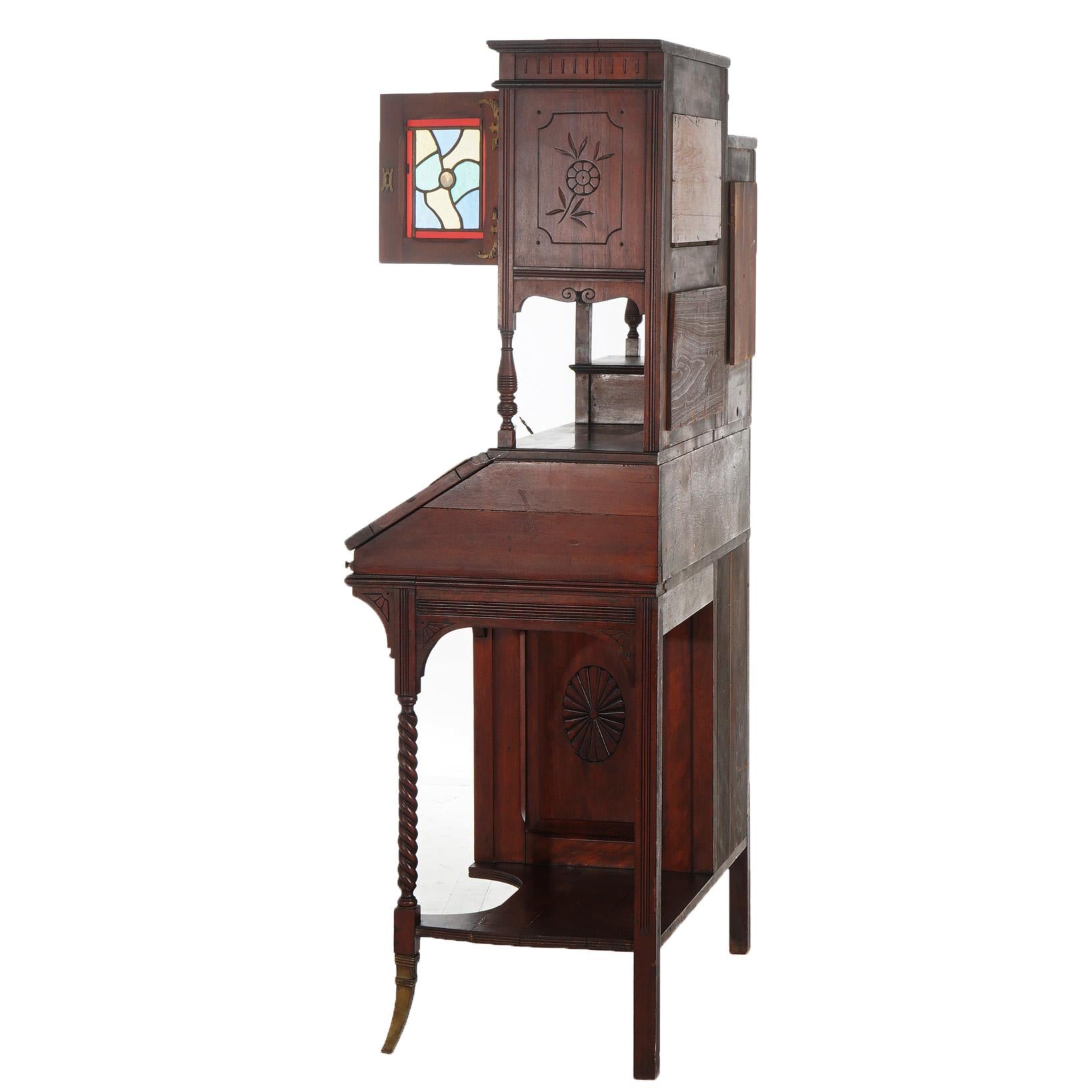 Antique Aesthetic Mahogany Drop Front Lady’s Desk with Jeweled Stained Glass 8